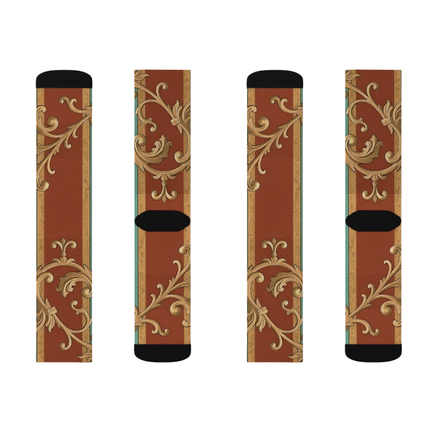 Elegant Sublimation Socks | Stylish Accessories, Gift for Him or Her, Cozy Winter Footwear - Rust & Mint Aqua Striped Baroque