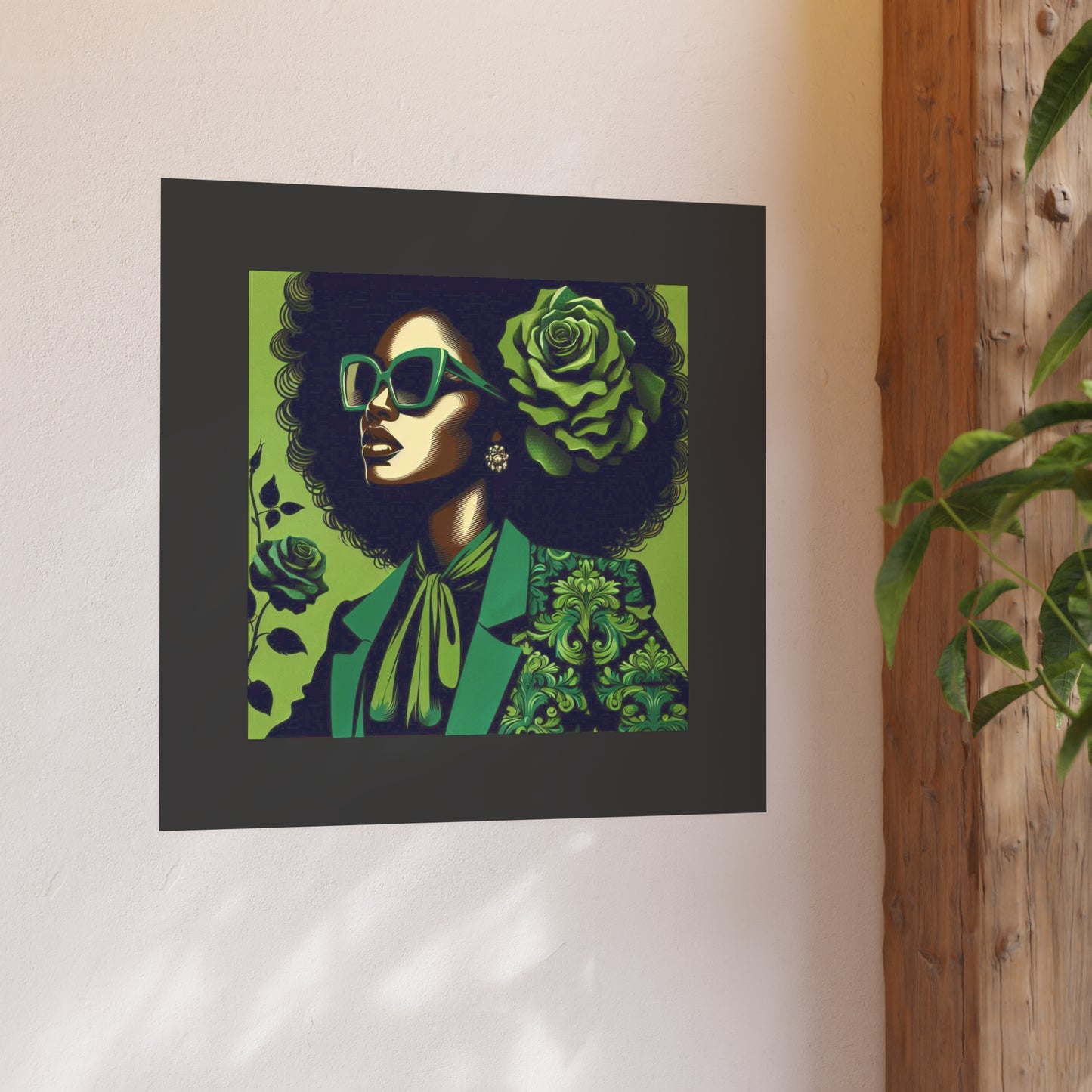 Chic Afrocentric Art Poster, Vibrant Wall Décor, Stylish Home Decoration, Damask Chic Art Print - Lady In Green Damask