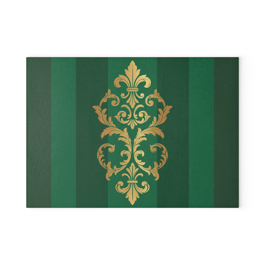 Green Glass Striped Baroque Cutting Board — Green Striped with Gold Baroque Accent
