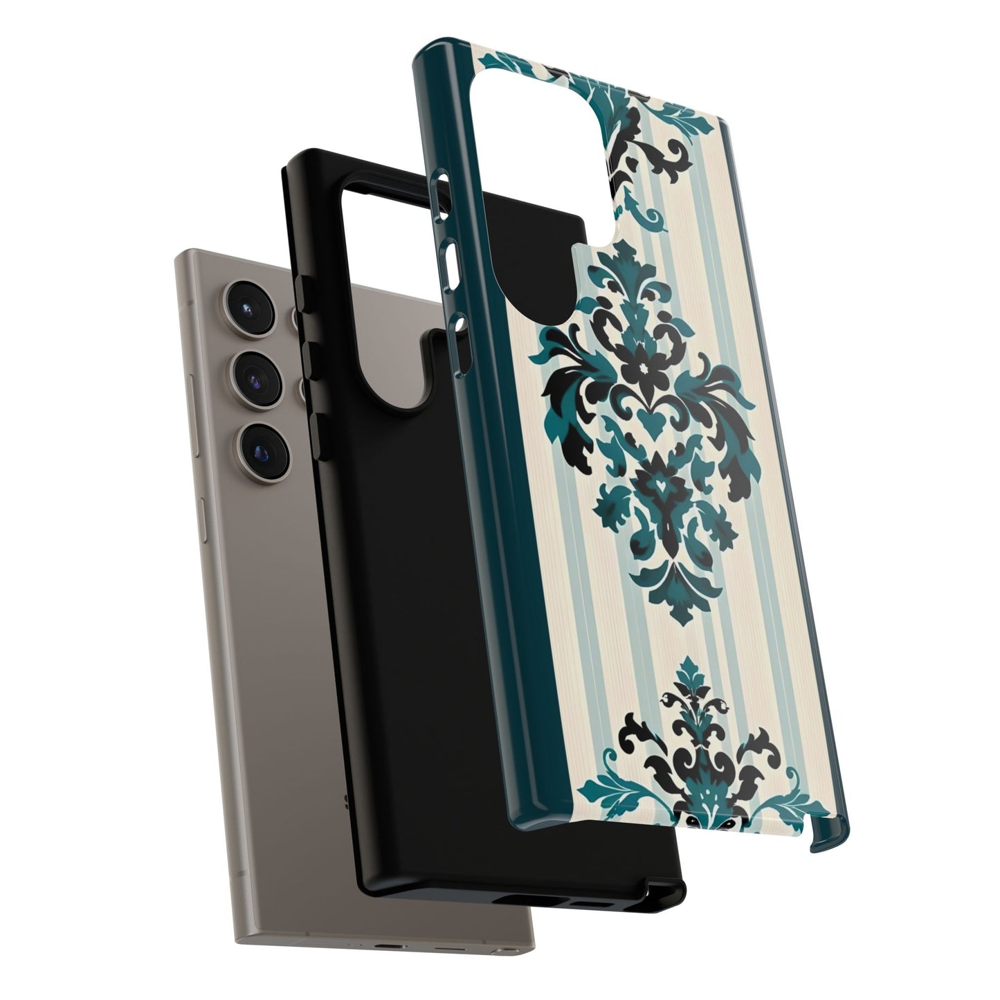 Elegant Floral Phone Case - Tough Cases with Vintage Design - Teal Striped Damask