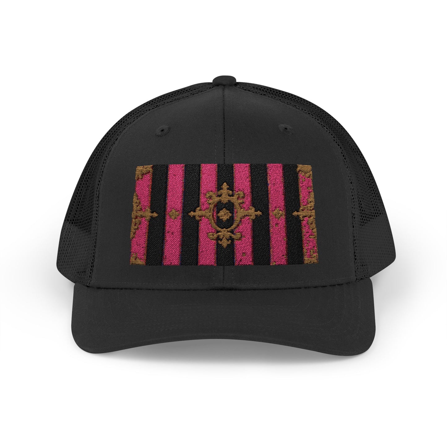 Stylish Snapback Trucker Cap with Black & Mauve Striped Gold Baroque, Trendy Fashion Hat, Perfect Gift for Him/Her