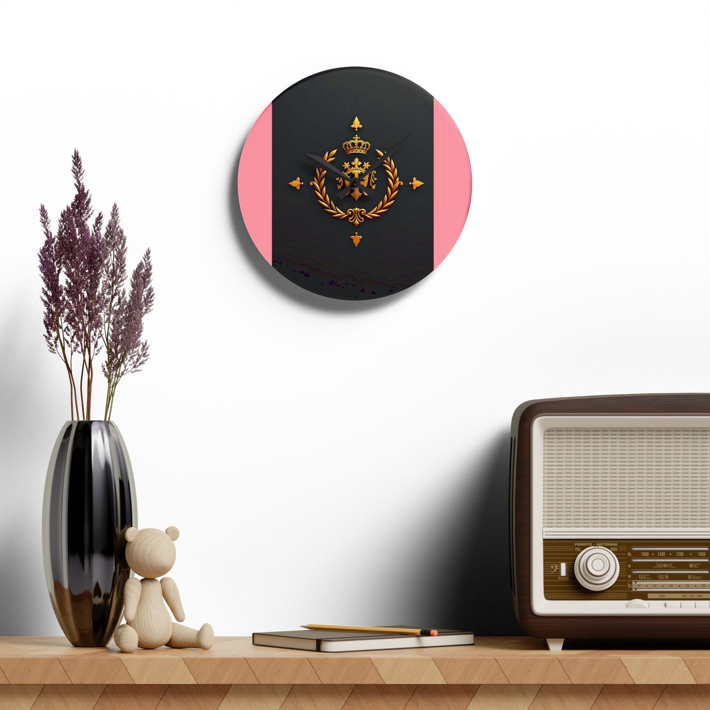 Royal Emblem Acrylic Wall Clock | Elegant Home Decor, Modern Wall Art, Gift for Her, Office Decor, Unique Timepiece - Pink Striped Gold Crest
