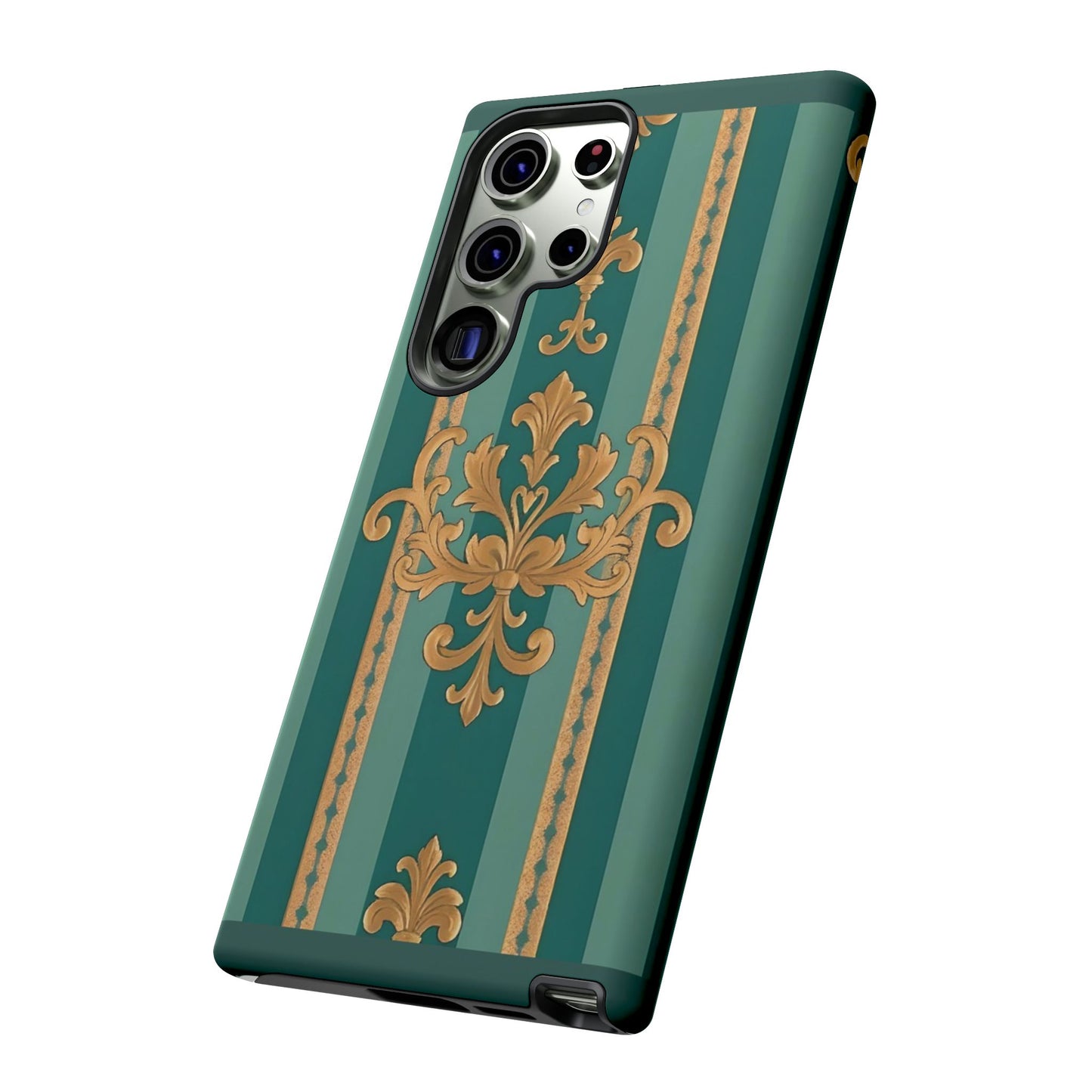 Elegant Floral Motif Phone Case - Tough Cases with Vintage Design - Teal Striped Gold Damask