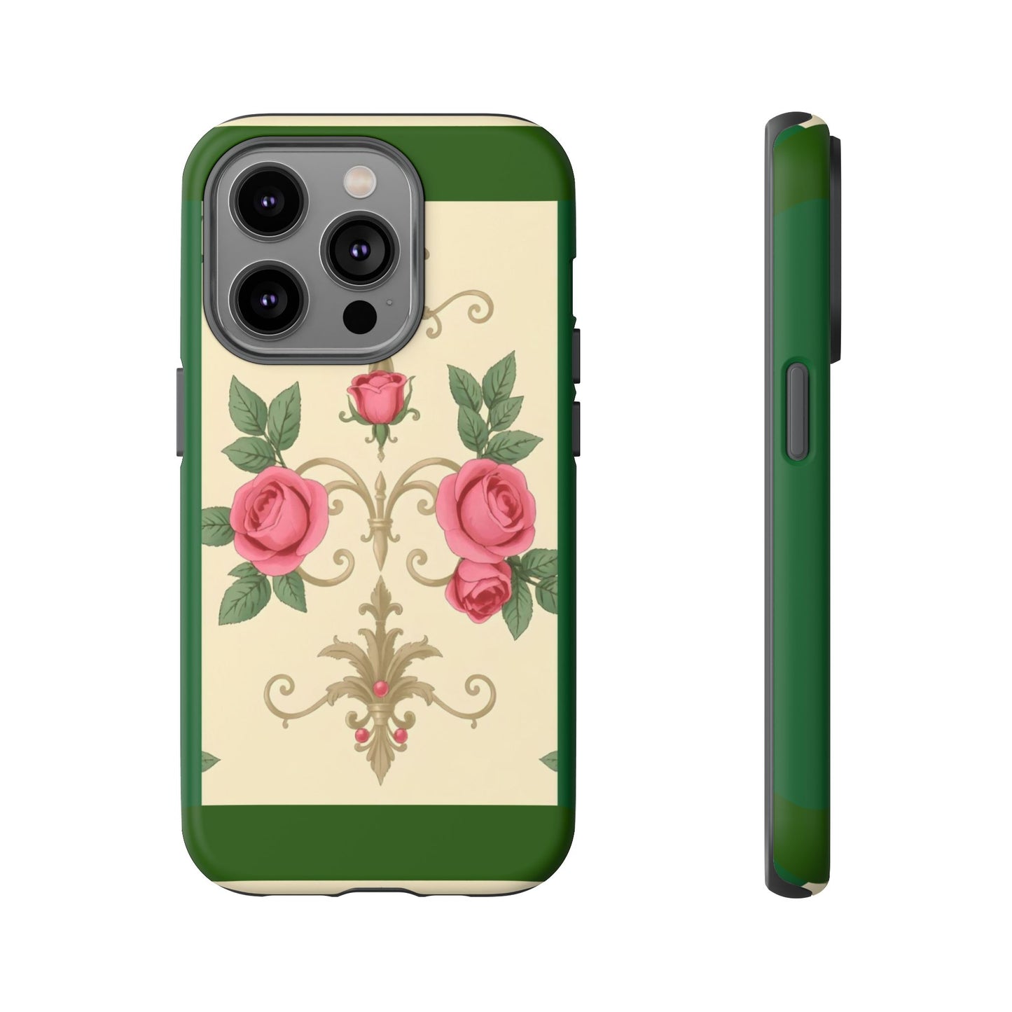 Elegant Floral Motif Phone Case - Tough Cases with Vintage Design - Green Border Roses & Damask