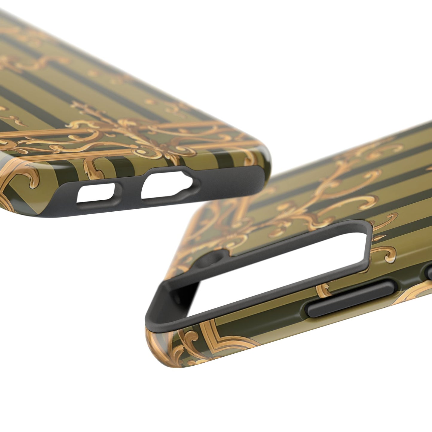 Elegant Vintage Phone Case - Tough Protection with Classy Design, Stylish Phone Cover for Fashion Lovers - Olive Green Striped Rococo