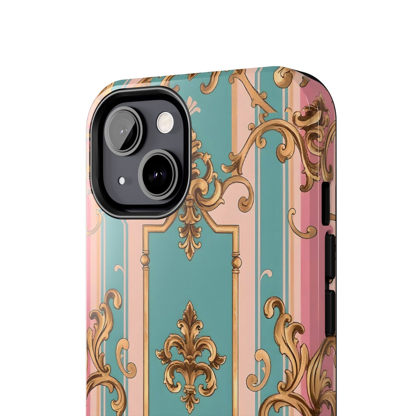 Elegant Floral Tough Phone Case, Artistic Phone Cover, Gift for Her, Chic Phone Accessory - Pink & Matte Turquoise Striped Rococo
