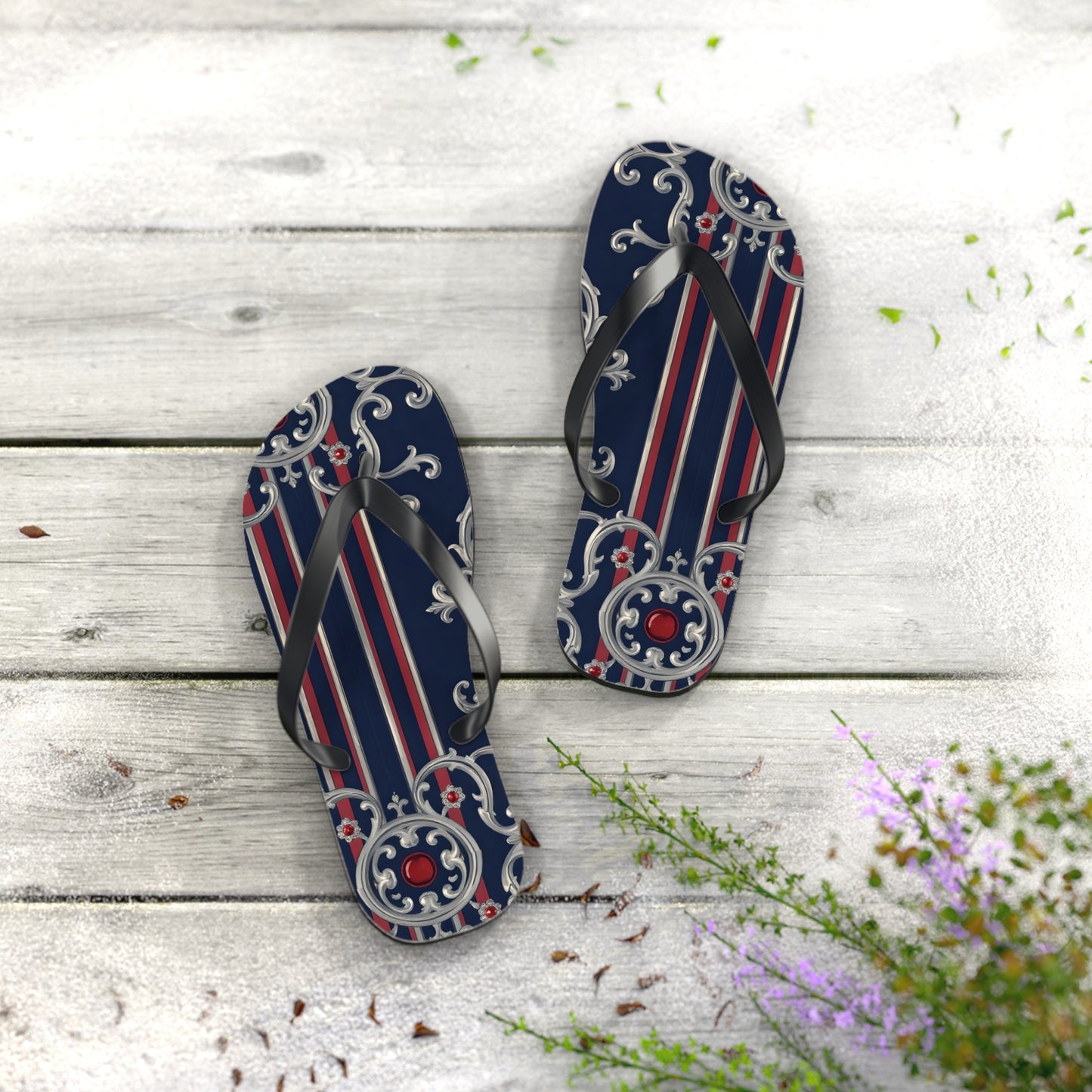 Elegant Nautical Flip Flops | Perfect for Beach Days, Summer Parties, Travel, Vacation, Poolside Relaxation - Blue & Red Striped Silver Baroque