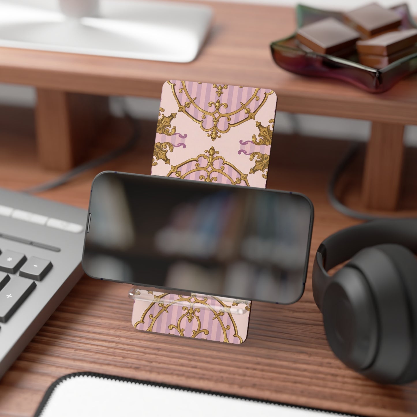 Elegant Lavender & Alabaster Striped Gold Baroque Smartphone Display Stand, Cute Phone Holder, Desk Organizer, Gift for Her, Home Decor