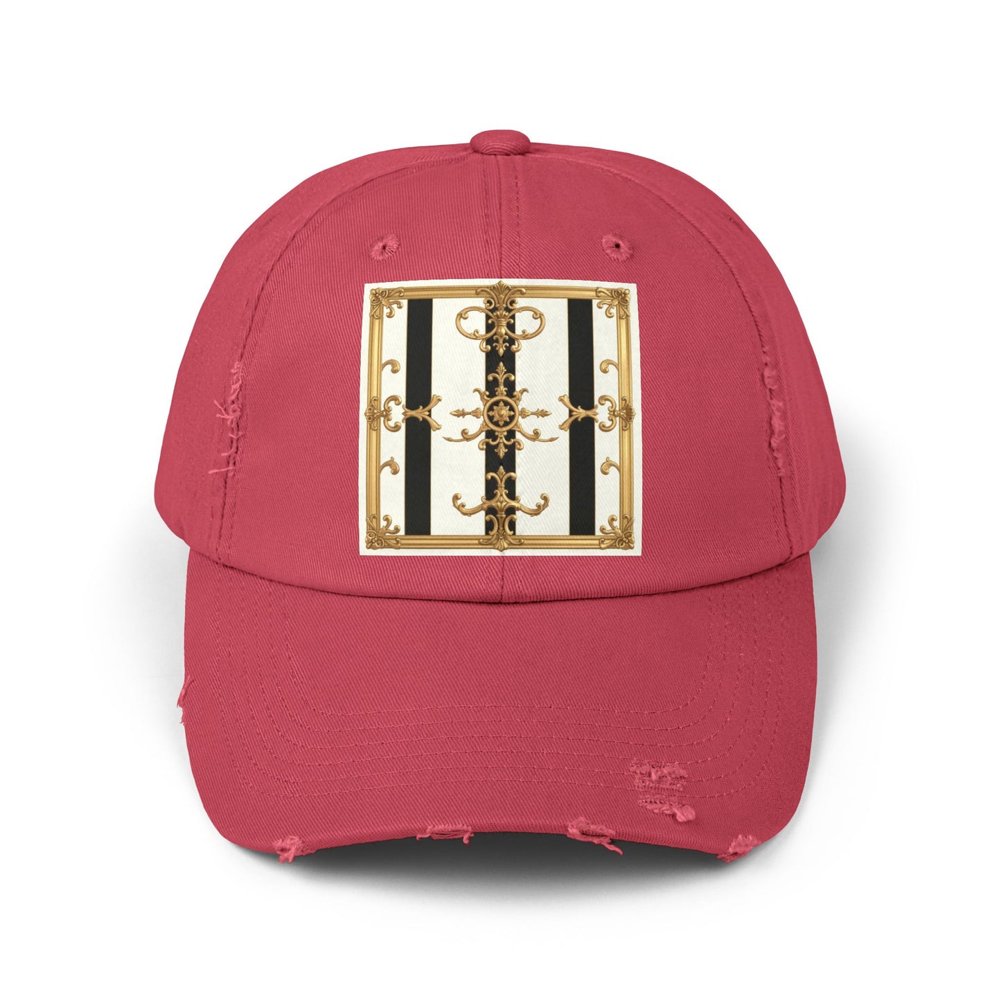Stylish Distressed Cap with Unique Gold Design, Trendy Hat, Casual Wear, Gift for Him/Her - Black & White Striped Gold Baroque