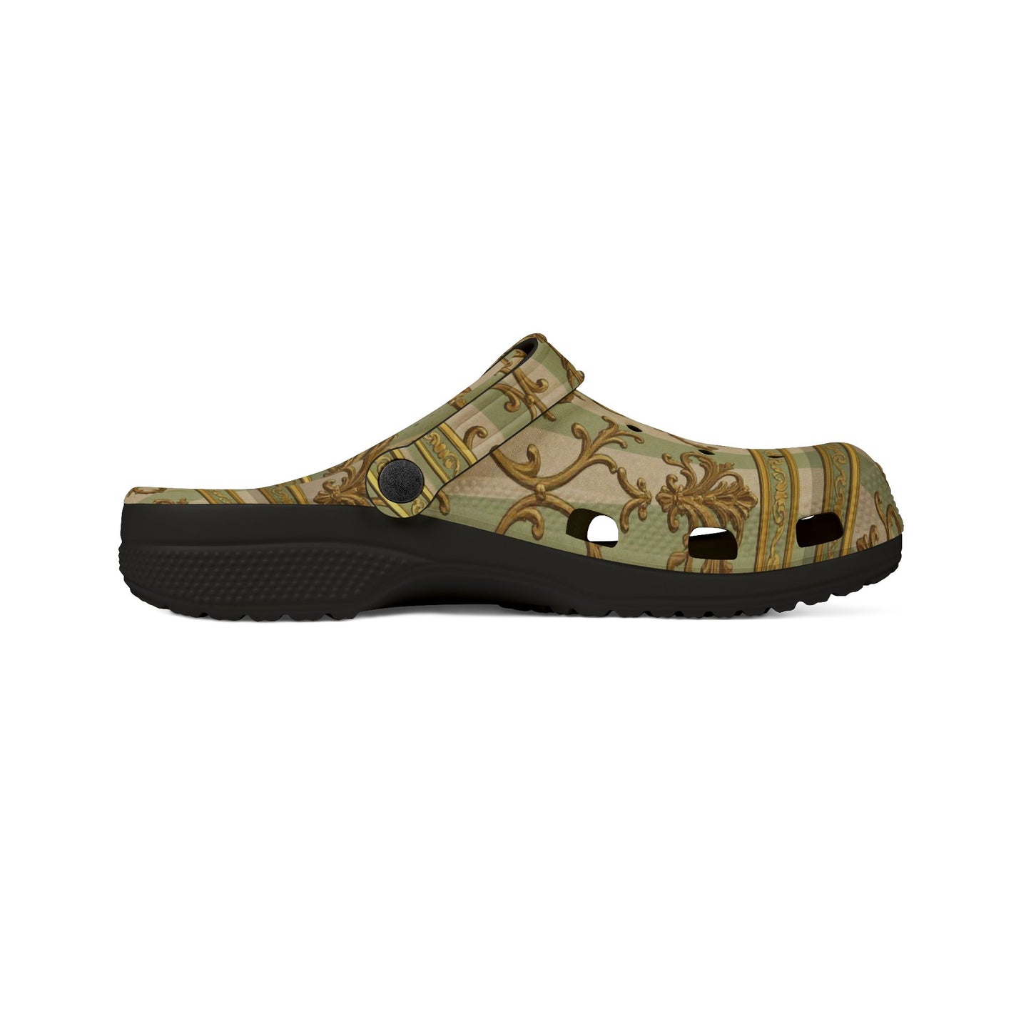 Stylish EVA Foam Clogs with Floral Design, Comfortable Garden Shoes, Unique Fashion Footwear - Mint & Beige Striped Gold Baroque
