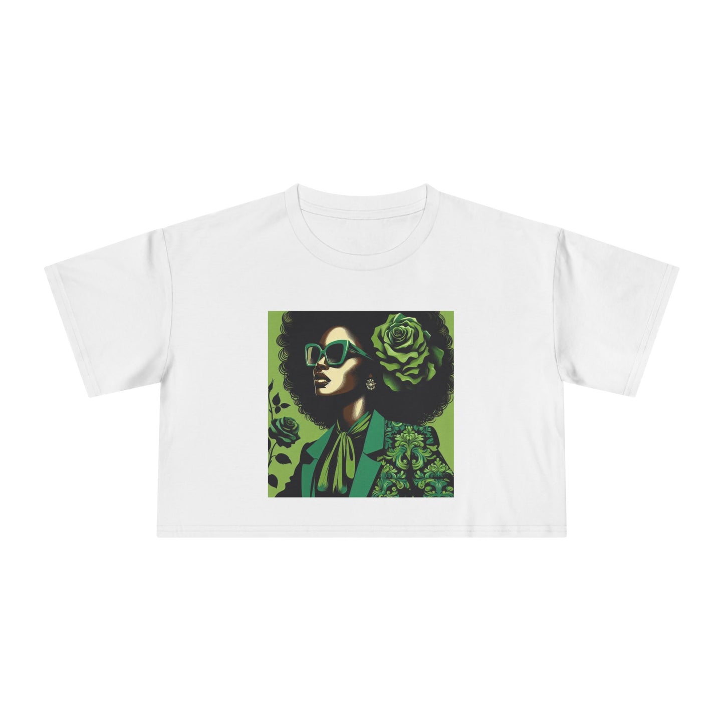 Stylish Women's Crop Tee with Damask Design | Trendy Summer Top, Afro Crop Shirt, Casual Wear, Gift for Her - Lady in Green Damask