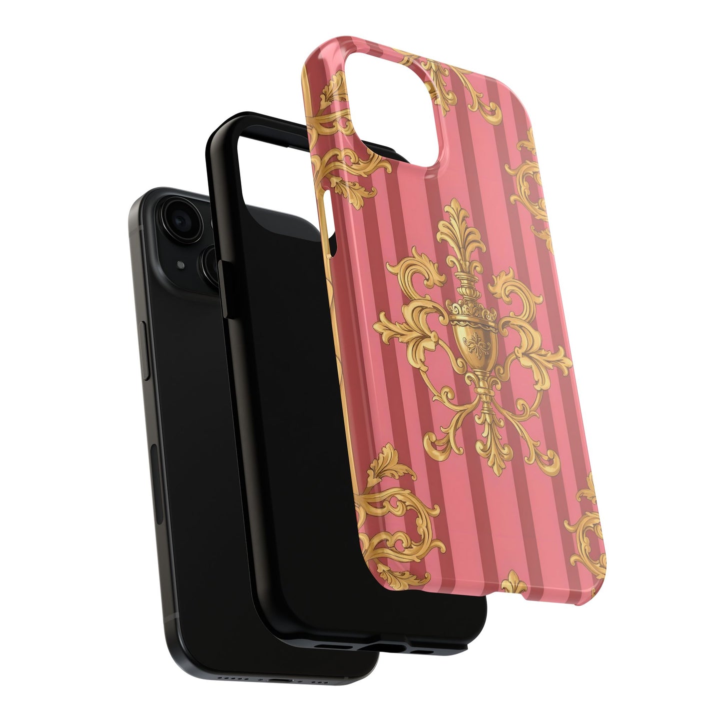 Elegant Baroque Tough Phone Cases, Durable Phone Cover, Stylish Accessory, Gift for Any Occasion - Pink Striped Gold Baroque