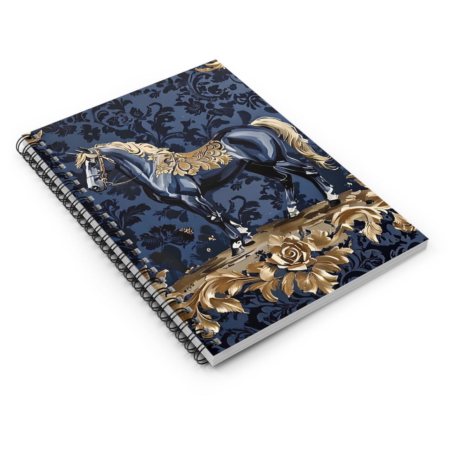 Elegant Vintage Spiral Notebook - Ruled Line with Gold Damask & Midnight Blue Horse