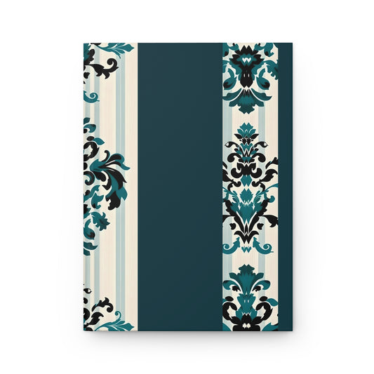 Elegant Floral Hardcover Journal - Stylish Writing Notebook - Teal Striped Damask Design