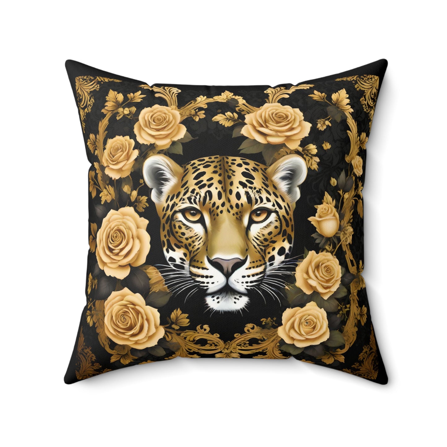 Luxury Leopard Print Faux Suede Square Pillow with Gold Roses | Elegant Home Decor - Gold Leopard