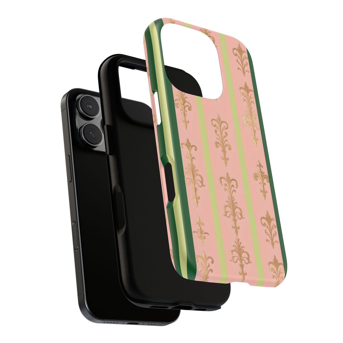 Elegant Floral Motif Phone Case - Tough Cases with Vintage Design - Lime Green & Pink Striped Damask