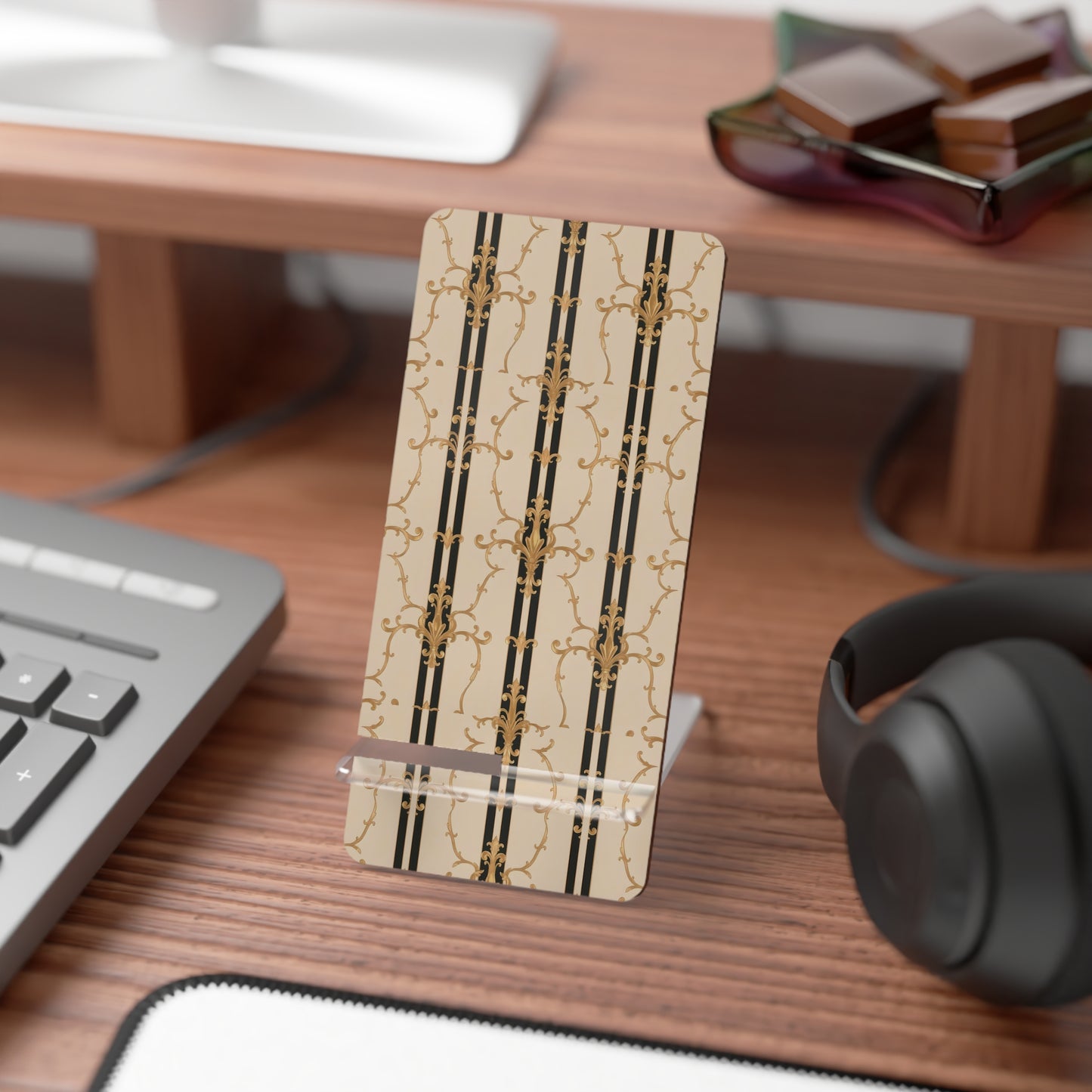 Stylish Smartphone Display Stand, Phone Holder, Mobile Stand, Elegant Desk Accessory, Gift for Tech Lovers - Black & Beige Striped Damask