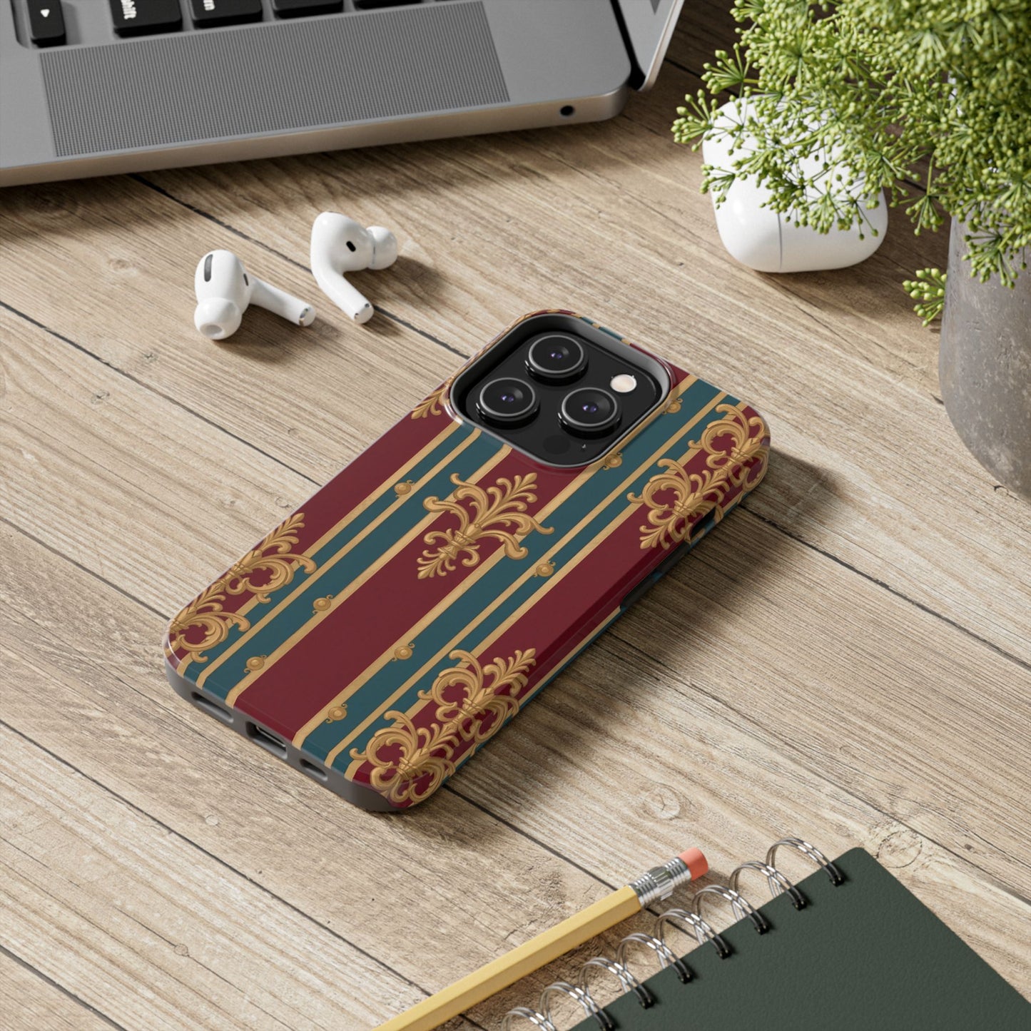 Elegant Vintage Tough Phone Case, Luxury Phone Protection, Stylish Phone Cover, Durable Phone Accessory - Burgundy Striped Gold Baroque