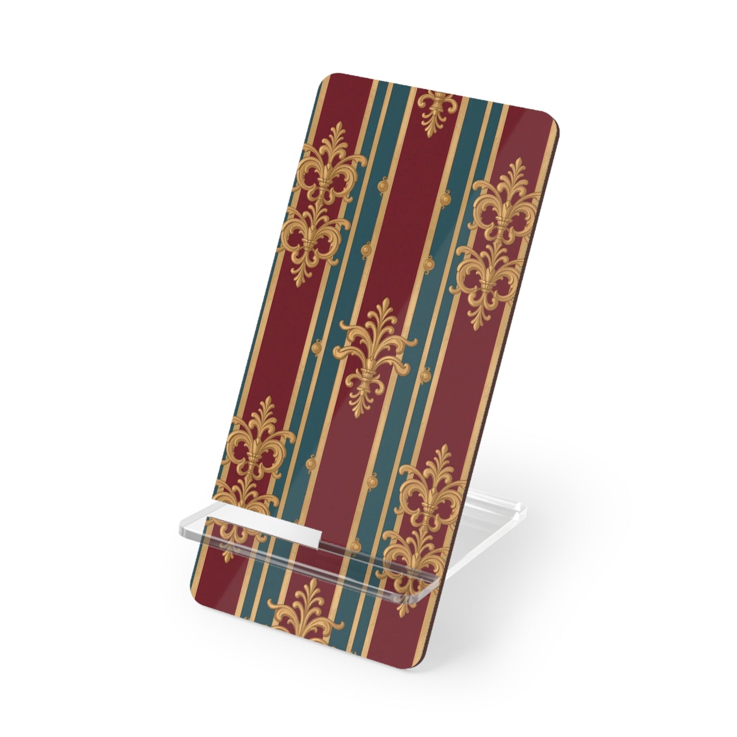 Elegant Smartphone Display Stand, Decorative Phone Holder, Unique Home Office Accessory - Burgundy Striped Gold Baroque