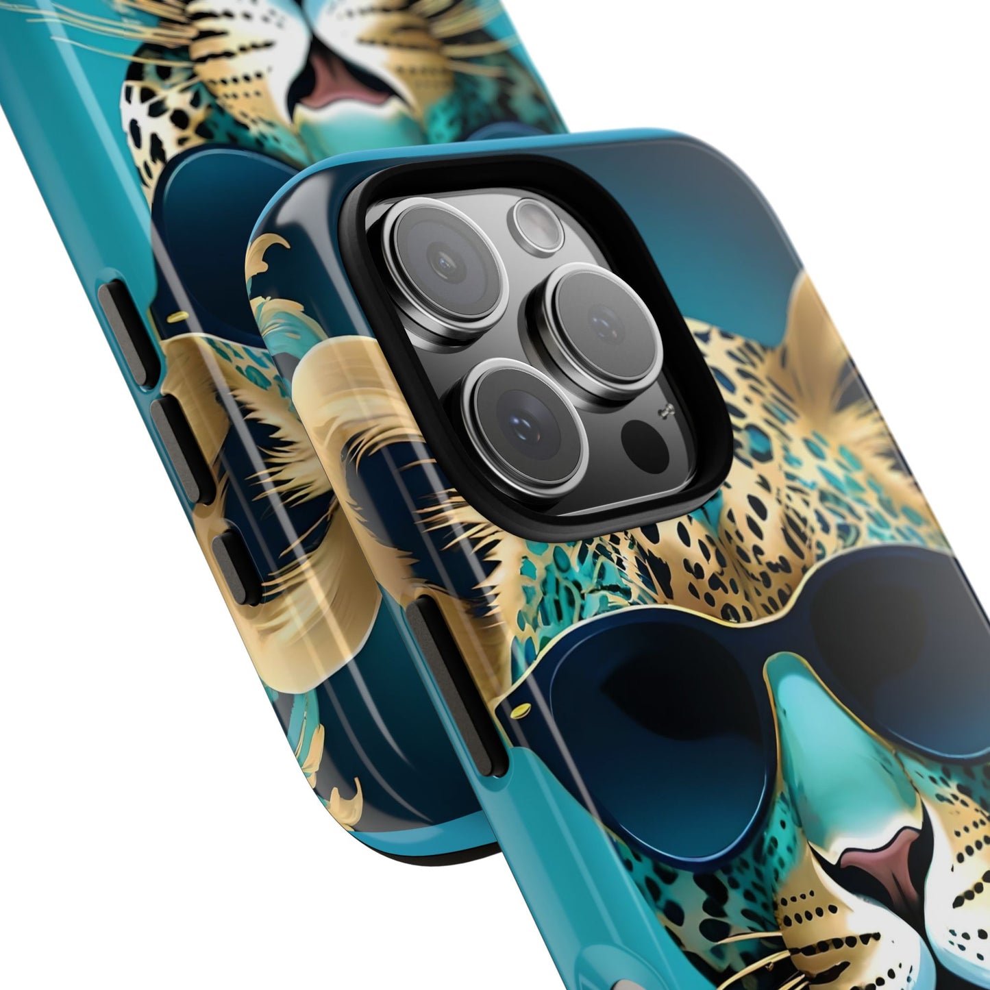 Phone Case - Aqua & Gold Leopard In Sunglasses Design