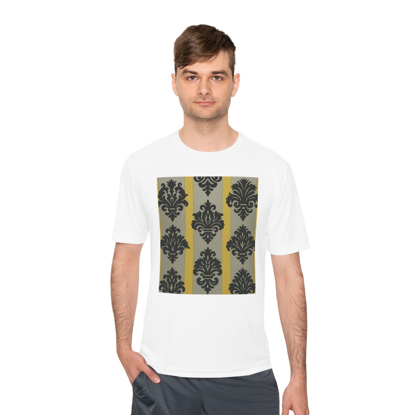Elegant Patterned Unisex Moisture Wicking Tee, Activewear, Casual Tee, Gift for Him/Her, Stylish Sportswear - Silver & Gold Striped Black Baroque