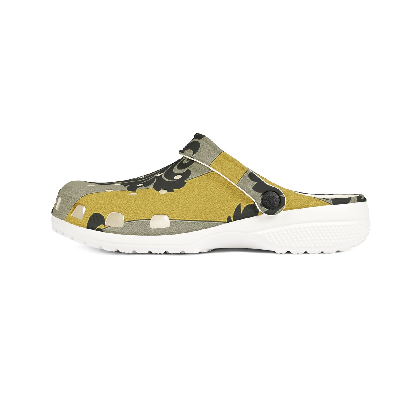 Chic EVA Foam Clogs in Vintage Baroque Design, Comfortable Garden Shoes, Lightweight Slip-On Footwear - Silver & Gold Striped Black Baroque