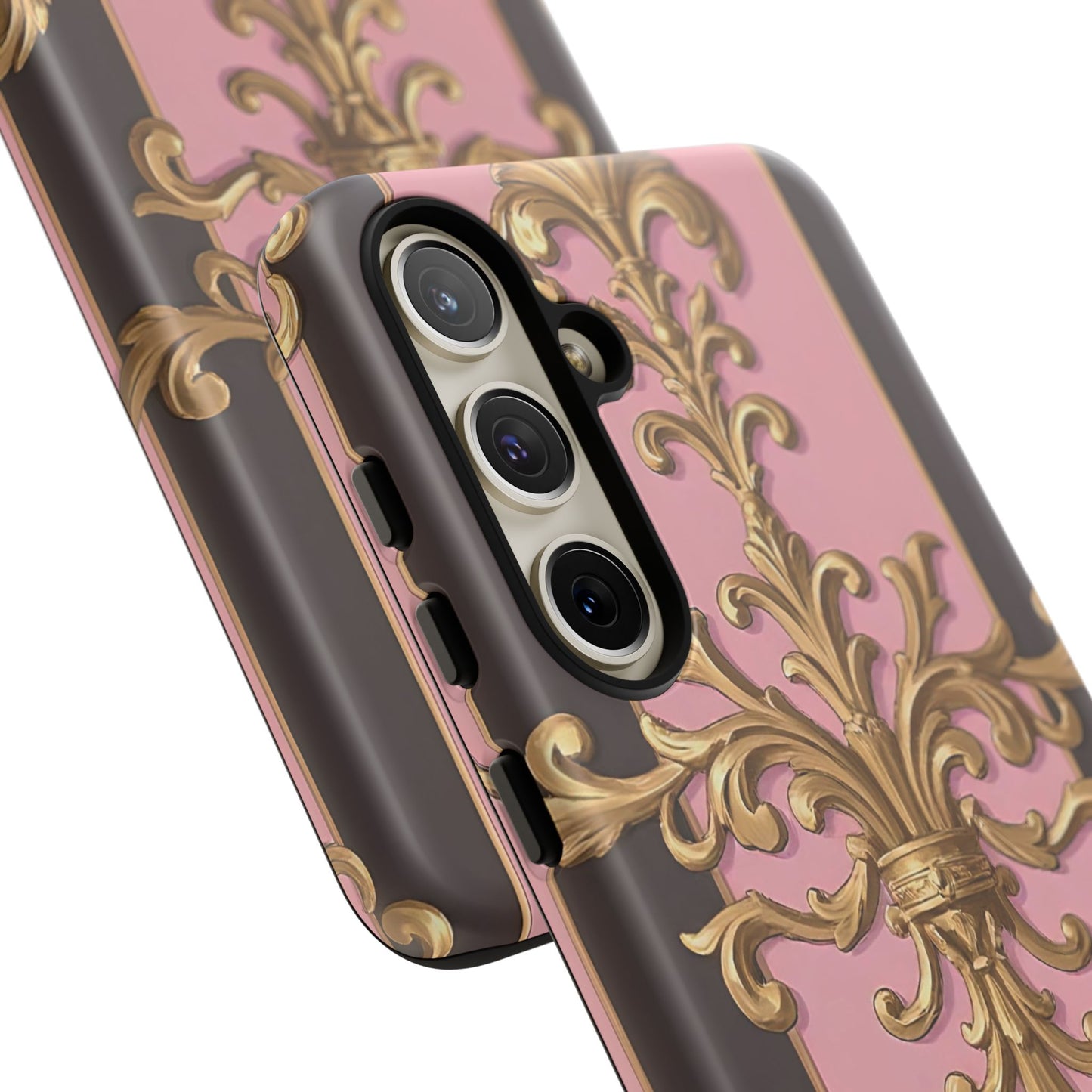 Elegant Floral Motif Phone Case - Tough Cases with Vintage Design - Pink & Brown Striped Gold Damask