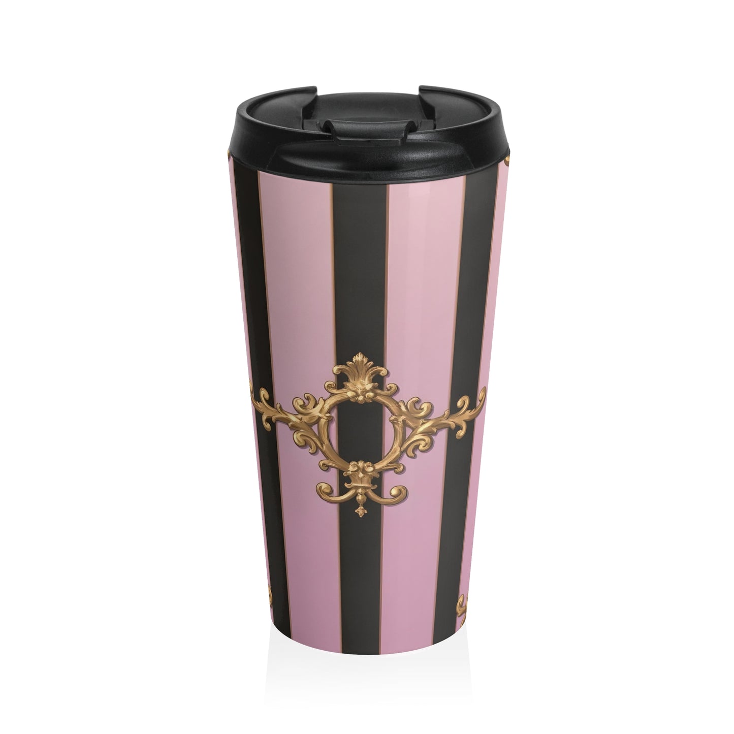 Elegant Ornate Stainless Steel Travel Mug - Perfect for Coffee Lovers, Gifts, Travel Enthusiasts - Matte Lavender & Black Striped Gold Baroque