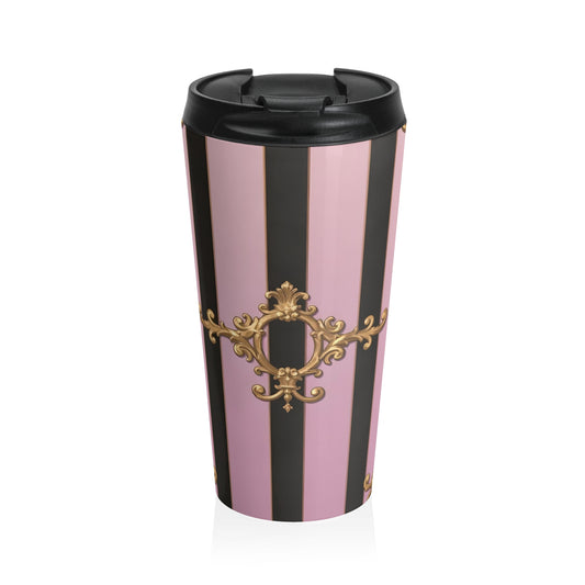 Elegant Ornate Stainless Steel Travel Mug - Perfect for Coffee Lovers, Gifts, Travel Enthusiasts - Matte Lavender & Black Striped Gold Baroque