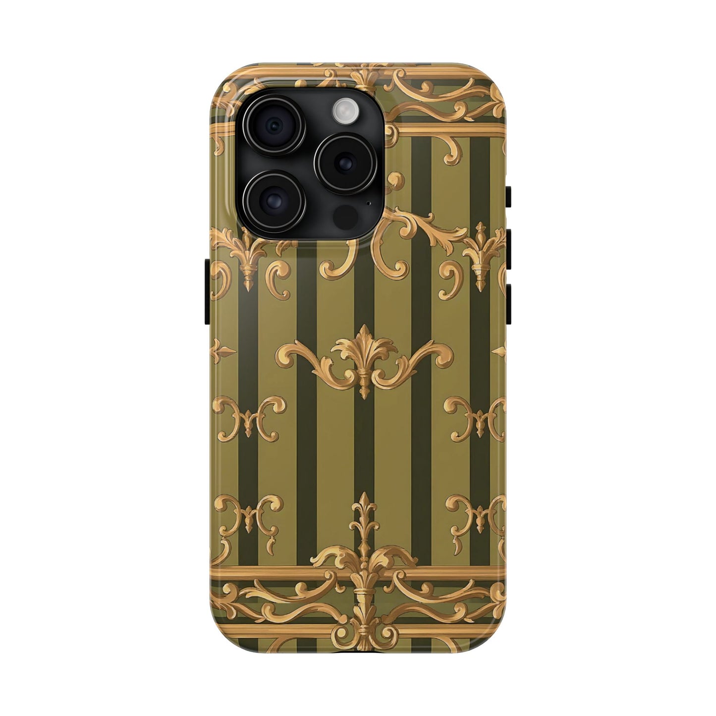 Elegant Vintage Phone Case - Tough Protection with Classy Design, Stylish Phone Cover for Fashion Lovers - Olive Green Striped Rococo