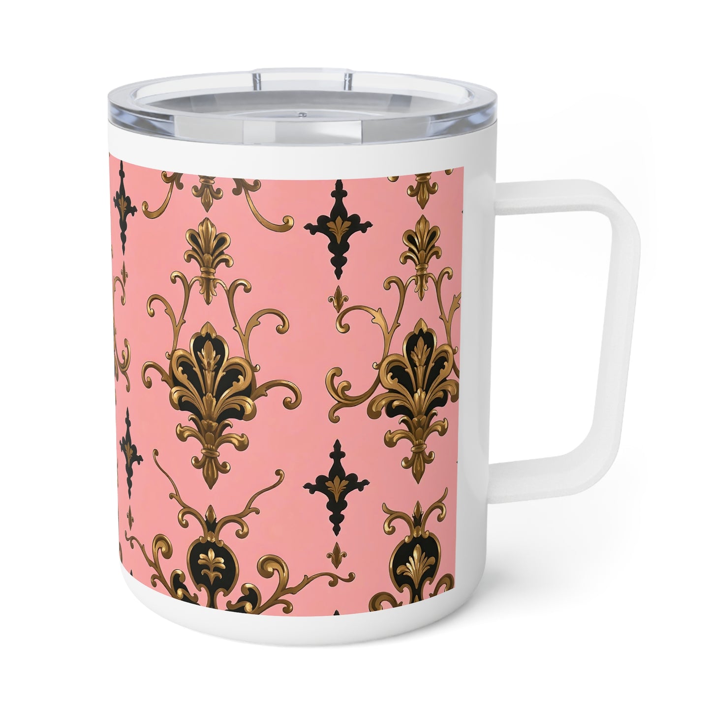 Elegant Pink Floral Insulated Coffee Mug – Perfect for Coffee Lovers, Gift for Her, Travel Mug, Wedding Favor, Home Decor - Pink, Black & Gold Rococo