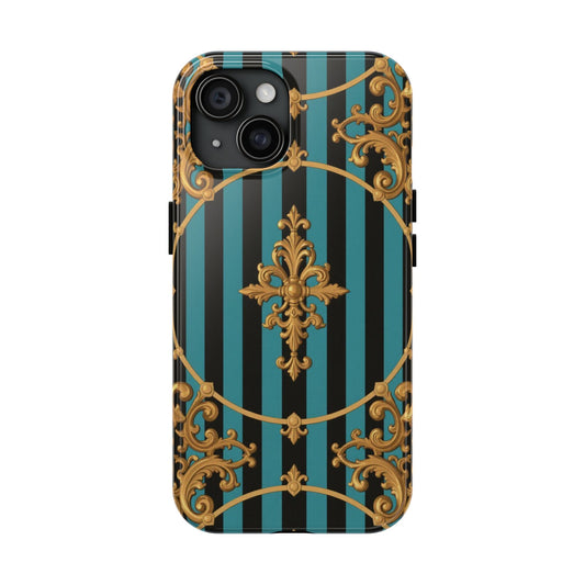 Elegant Turquoise & Black Striped Gold Baroque Phone Case, Tough Phone Cases for Fashion Lovers, Gift for Her, Luxury Accessories
