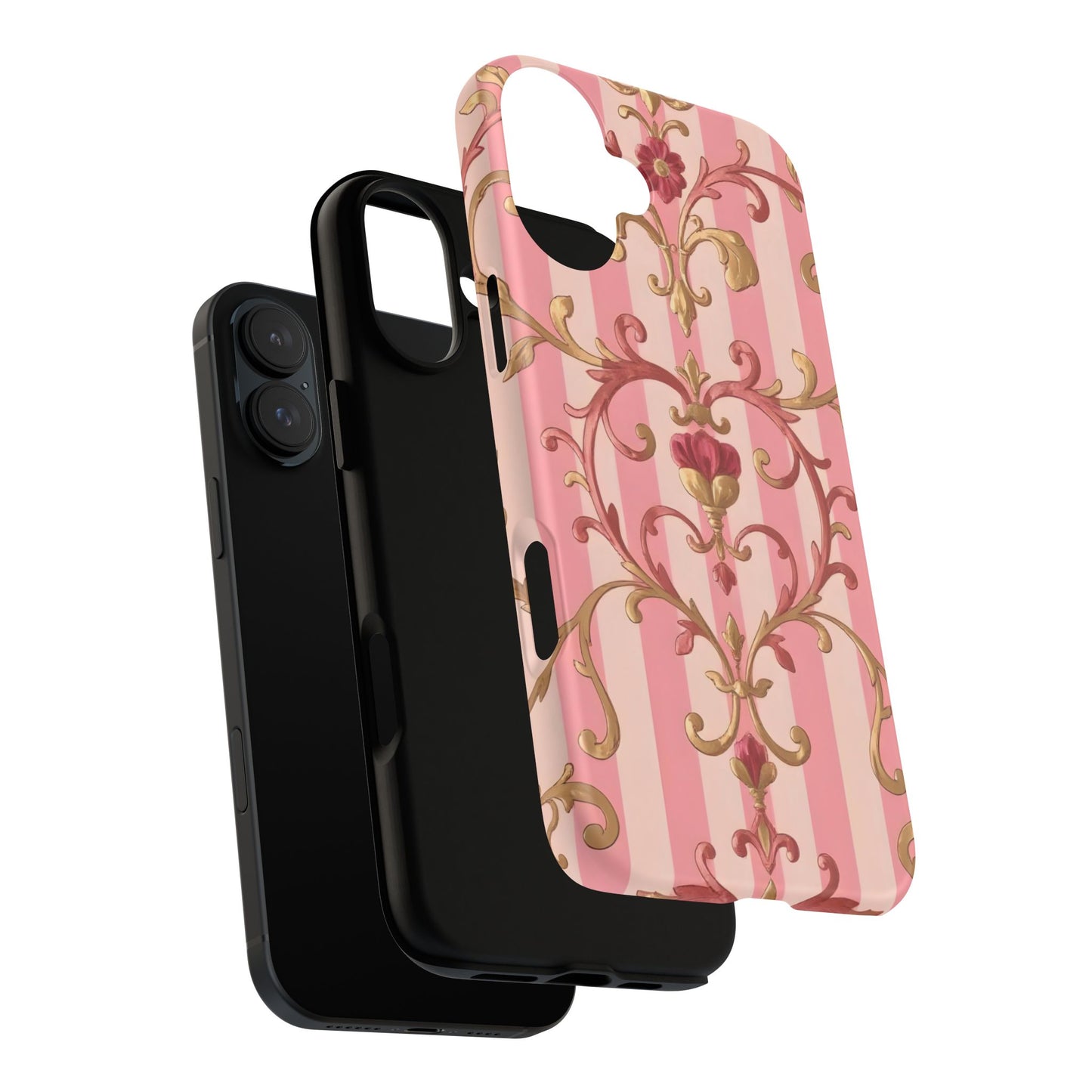 Elegant Floral Motif Phone Case - Tough Cases with Vintage Design - Pink Striped Rose Gold Damask