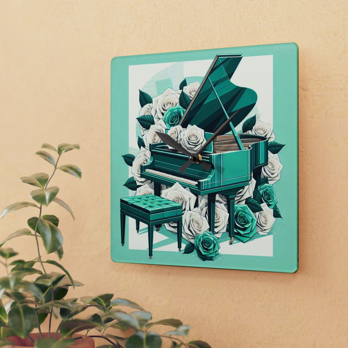 Elegant Aqua Piano and Roses Acrylic Wall Clock - Perfect Gift for Music Lovers
