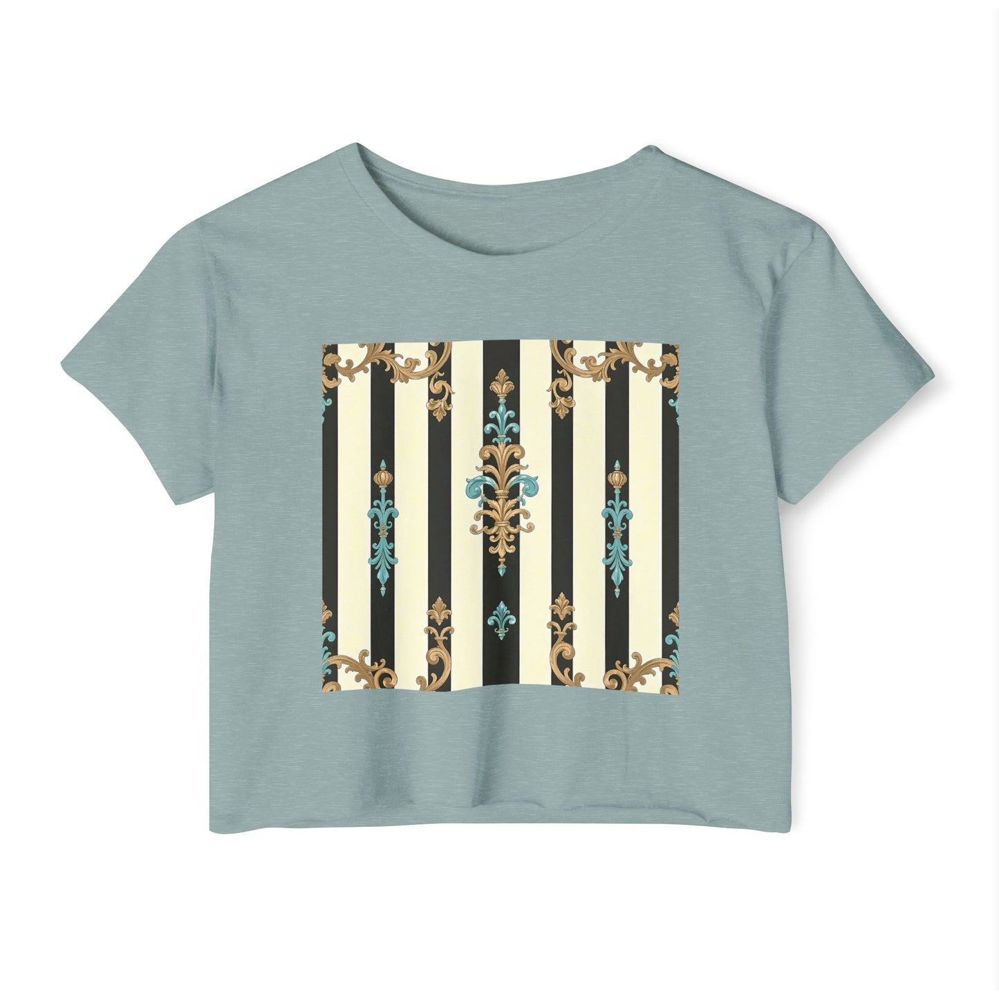Bohemian Festival Crop Top, Stylish Summer Tee, Casual Day Out Shirt, Trendy Women’s Apparel - Black Striped Turquoise & Black Rococo