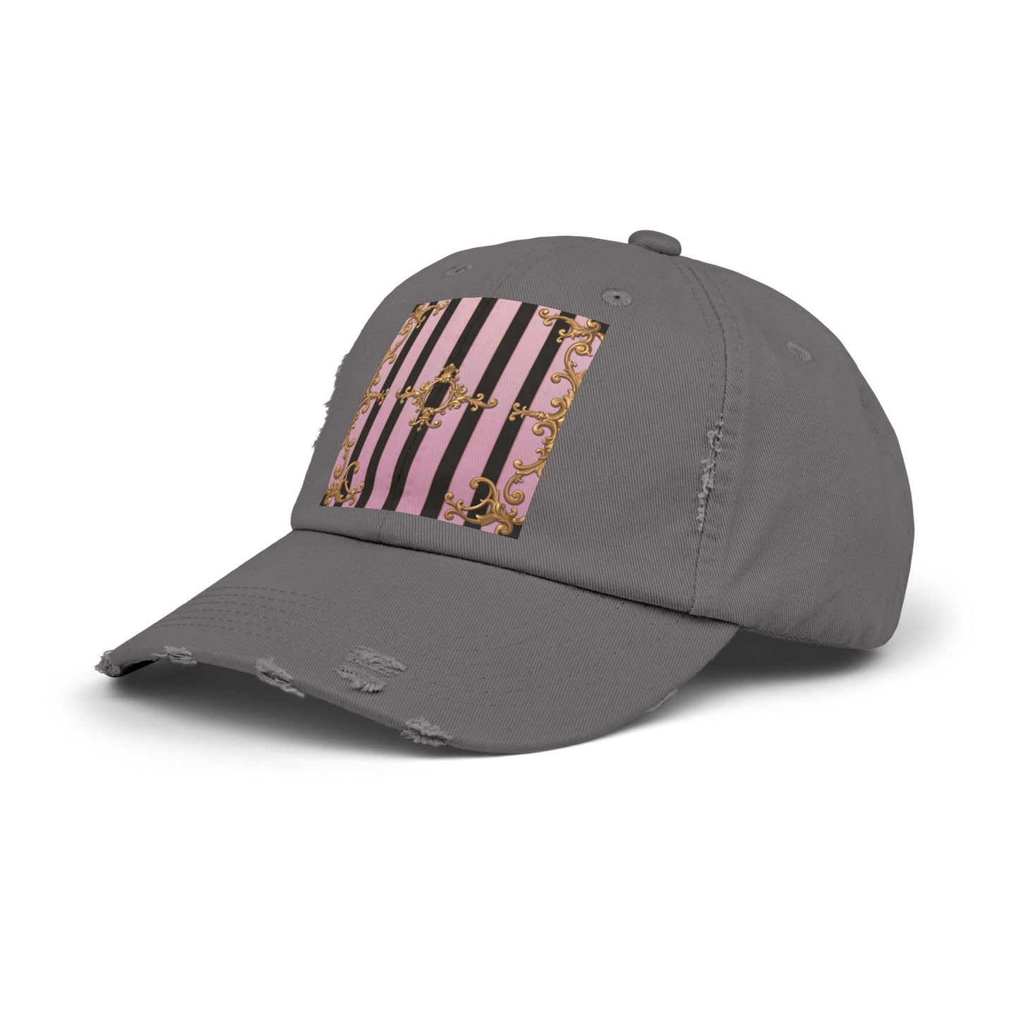 Chic Distressed Cap, Trendy Fashion Accessory, Summer Style Hat, Unique Gift for Her - Matte Lavender & Black Striped Gold Baroque