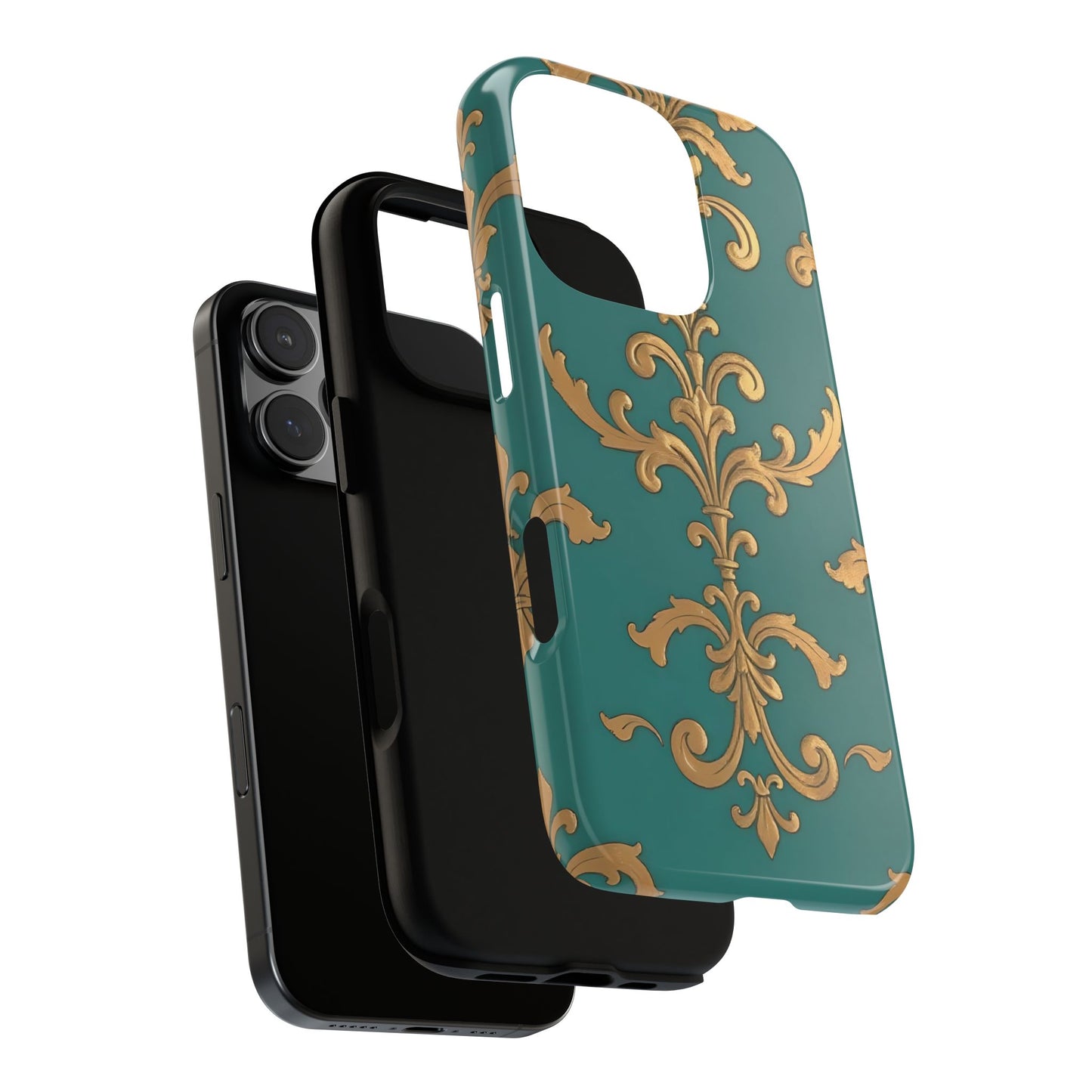 Elegant Floral Motif Phone Case - Tough Cases with Vintage Design - Aqua & Gold Damask
