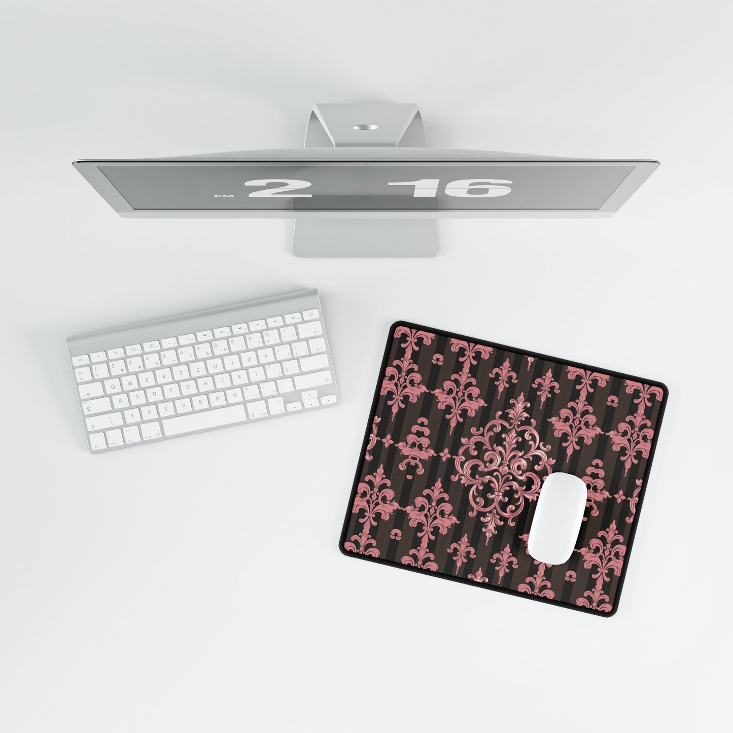 Elegant Floral Motif Desk Mat for Home Office Decor - Brown Striped Mauve Damask