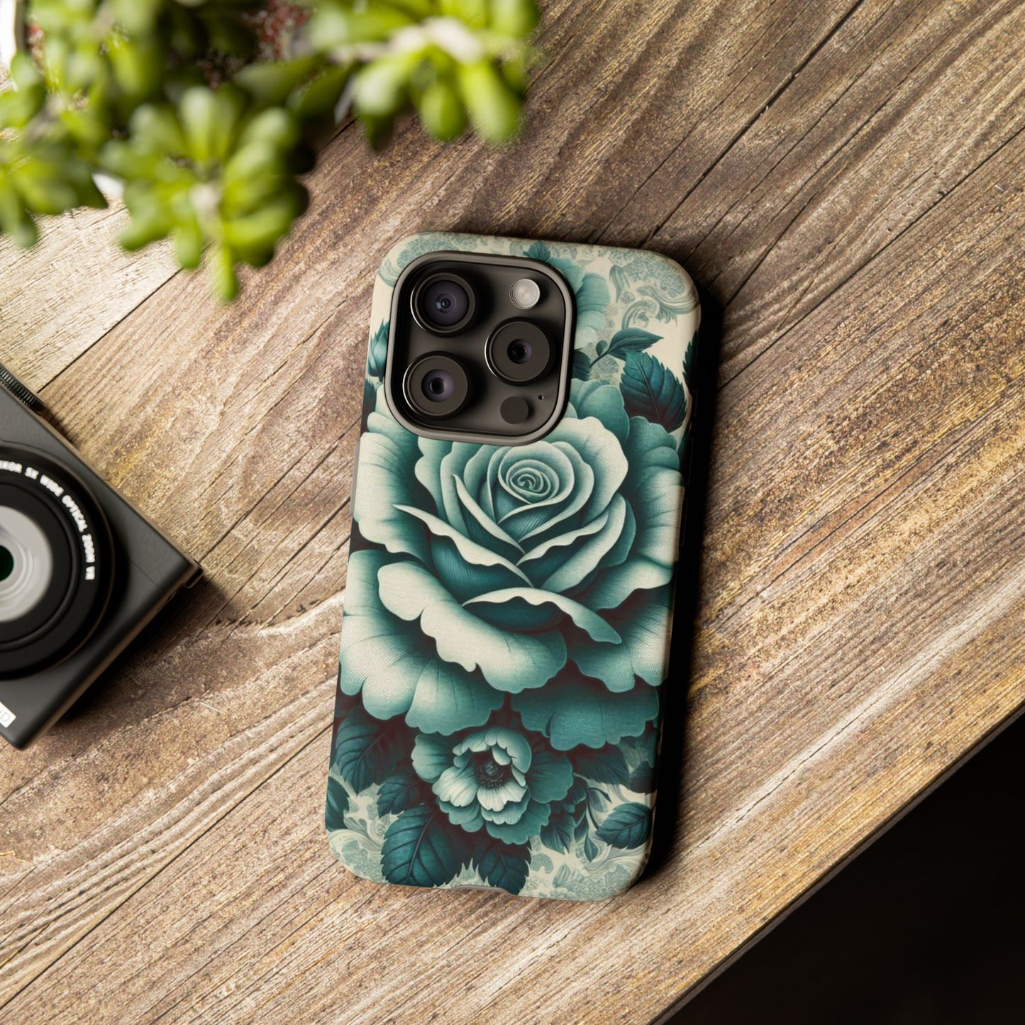Elegant Floral Motif Phone Case - Tough Cases with Vintage Design - Teal Roses & Damask