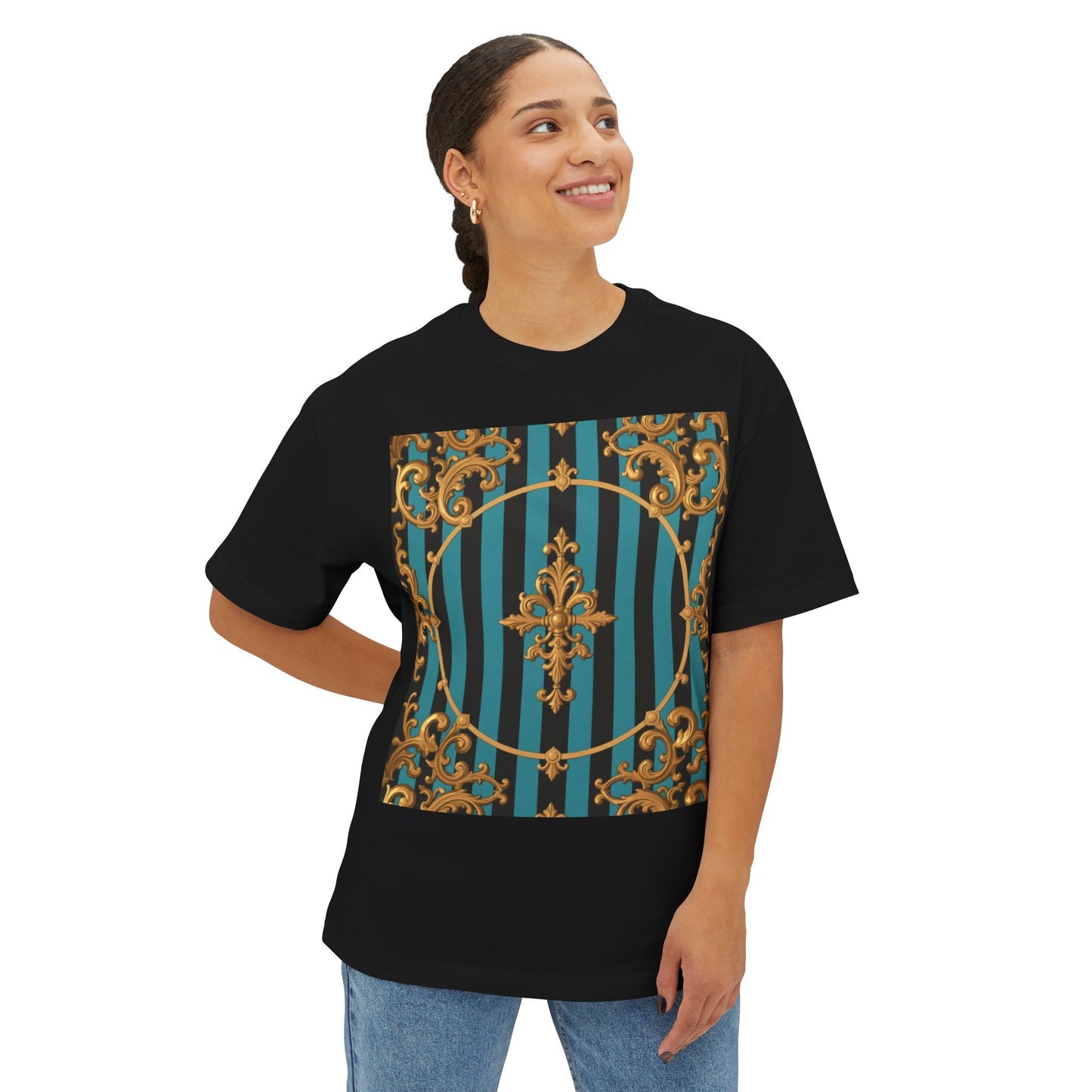 Stylish Turquoise & Black Striped Gold Baroque Unisex Oversized Boxy Tee, Retro Graphic Shirt, Casual Wear, Trendy Fashion, Unique Gift Idea