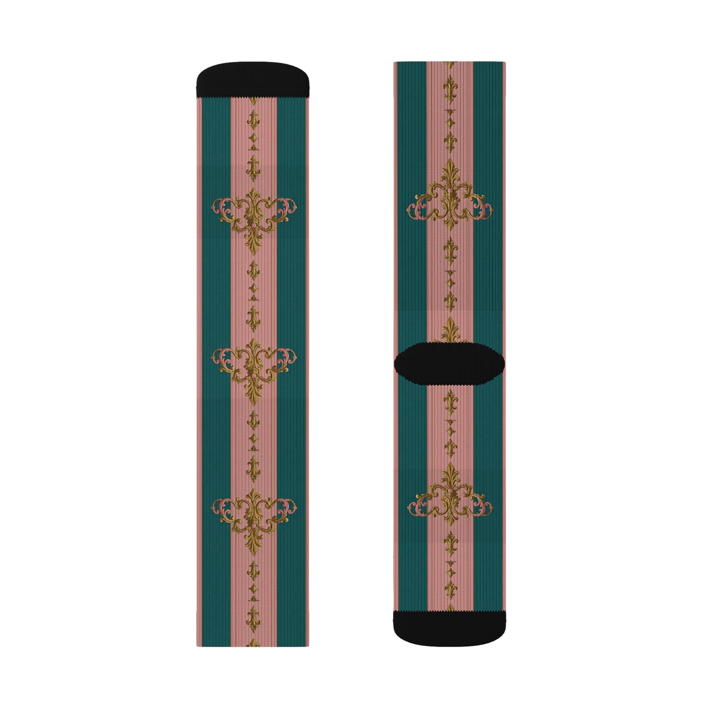 Chic Sublimation Socks, Fashion Accessories, Gift for Her, Trendy Socks, Unique Design, Casual Wear - Pink & Teal Striped Gold Baroque