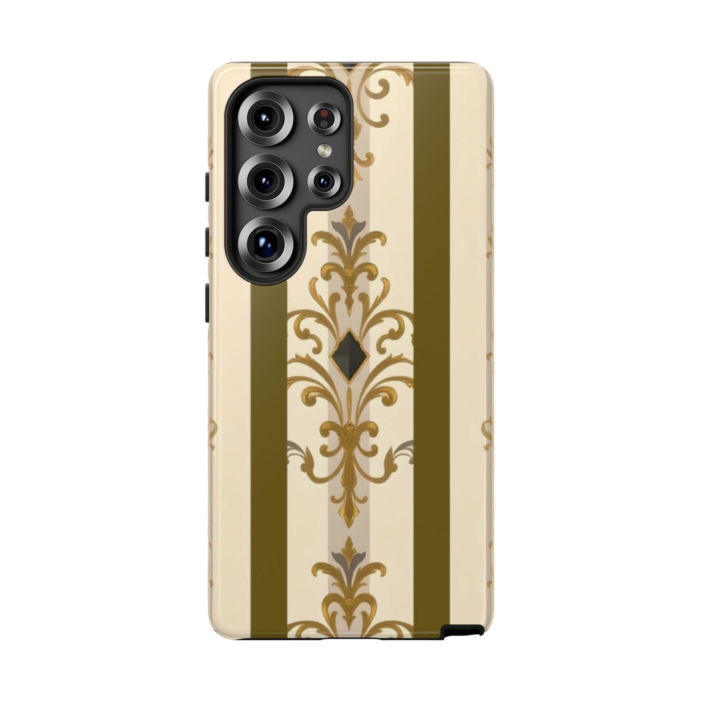 Elegant Floral Motif Phone Case - Tough Cases with Vintage Design - Olive Striped Gold Damask