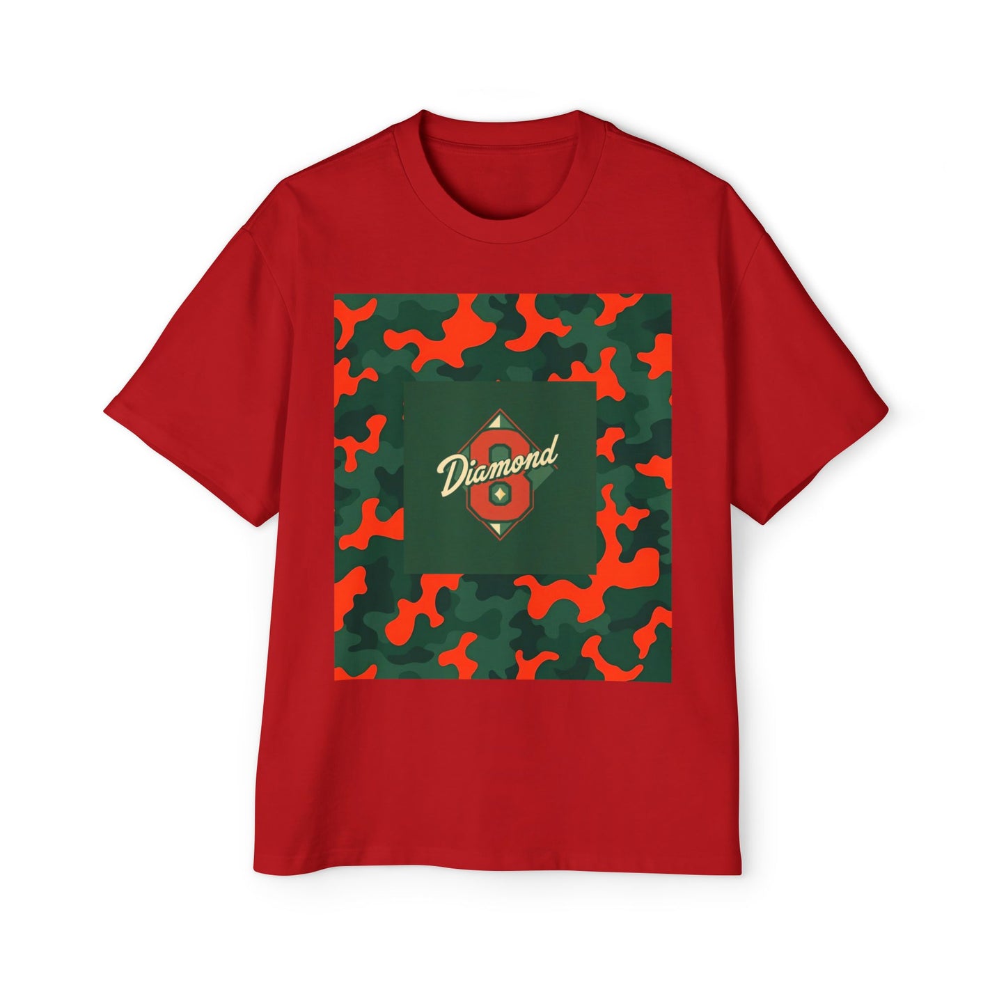 Men's Heavy Oversized Camouflage Tee, Casual Streetwear Shirt, Graphic T-Shirt, Comfortable Everyday Wear, Gift for Him - Green & Orange Camo Diamond 8