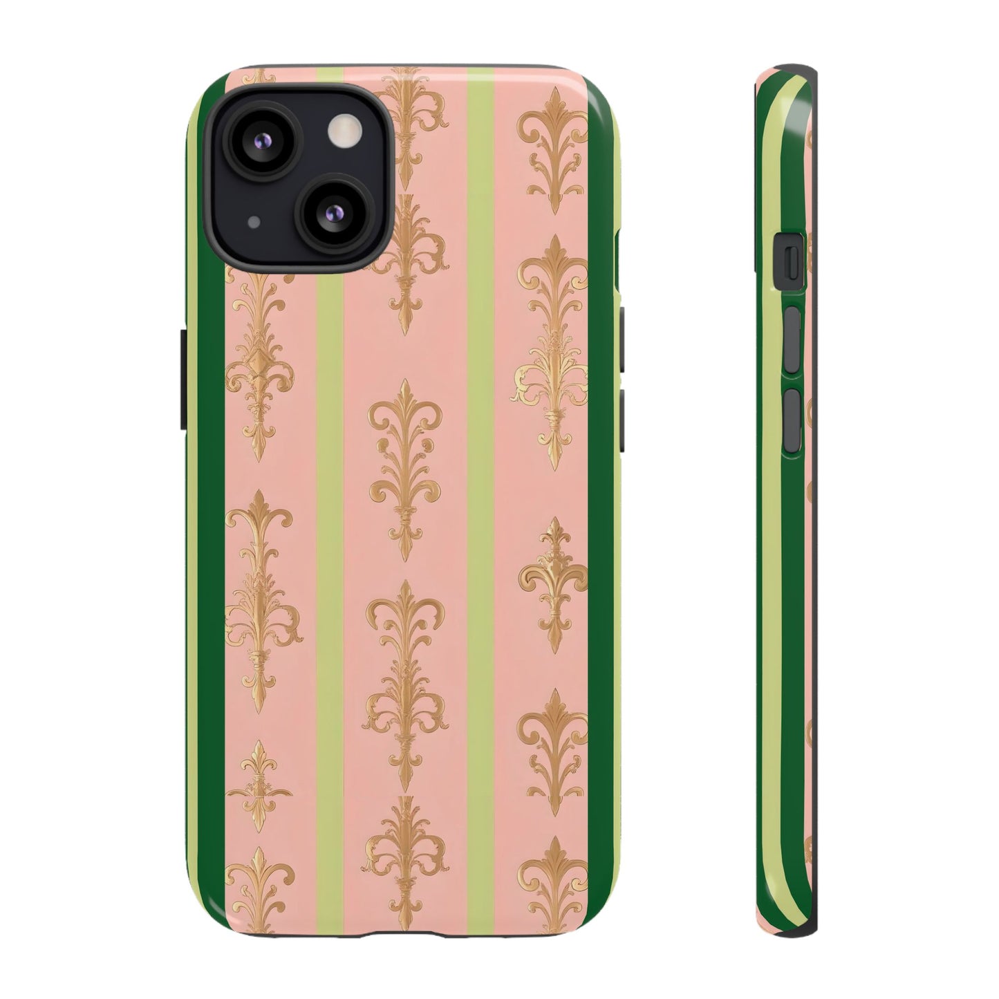 Elegant Floral Motif Phone Case - Tough Cases with Vintage Design - Lime Green & Pink Striped Damask