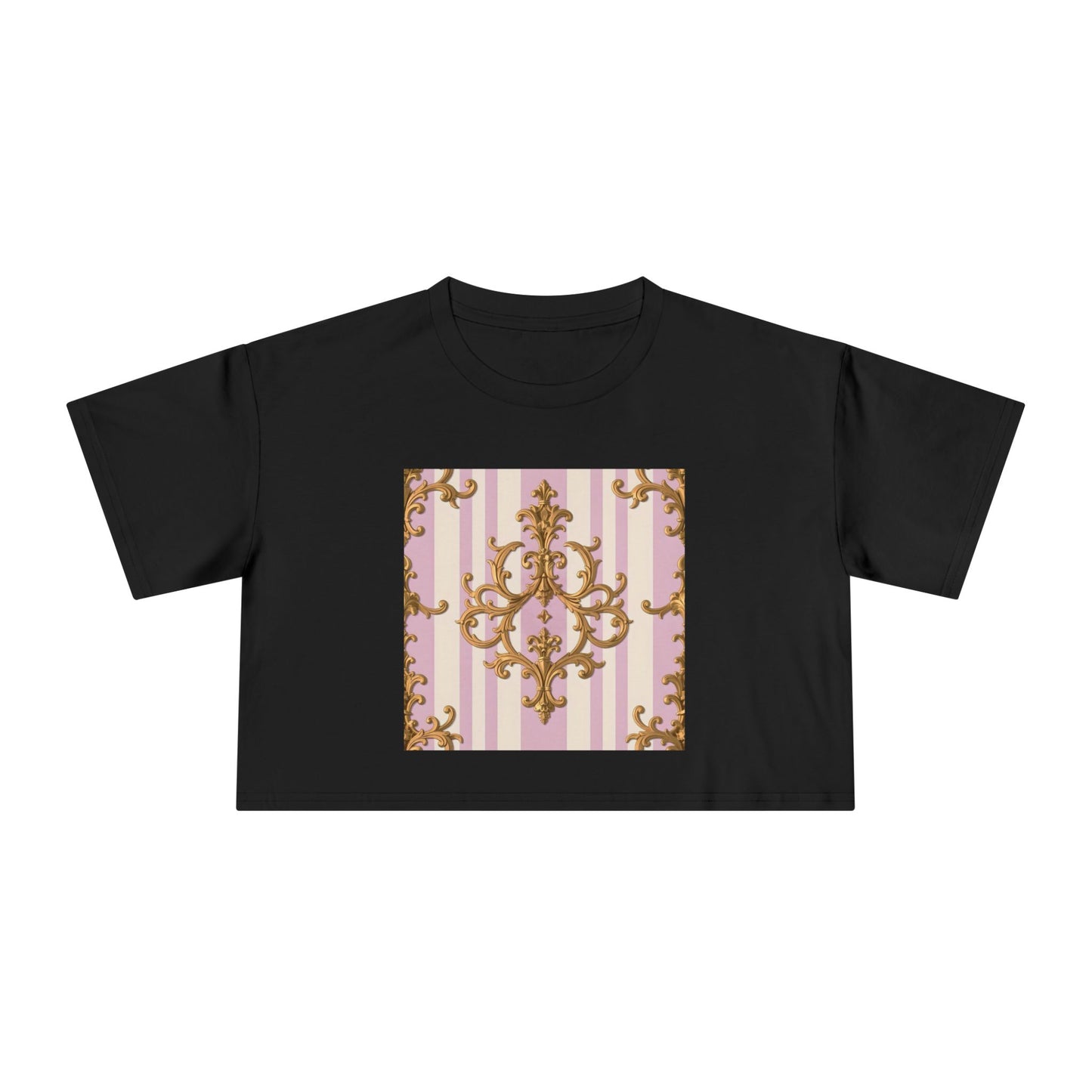 Chic Women's Crop Tee with Elegant Pink and Gold Design, Fashion Tee, Summer Style, Gift for Her - Lilac & Alabaster Striped Gold Baroque
