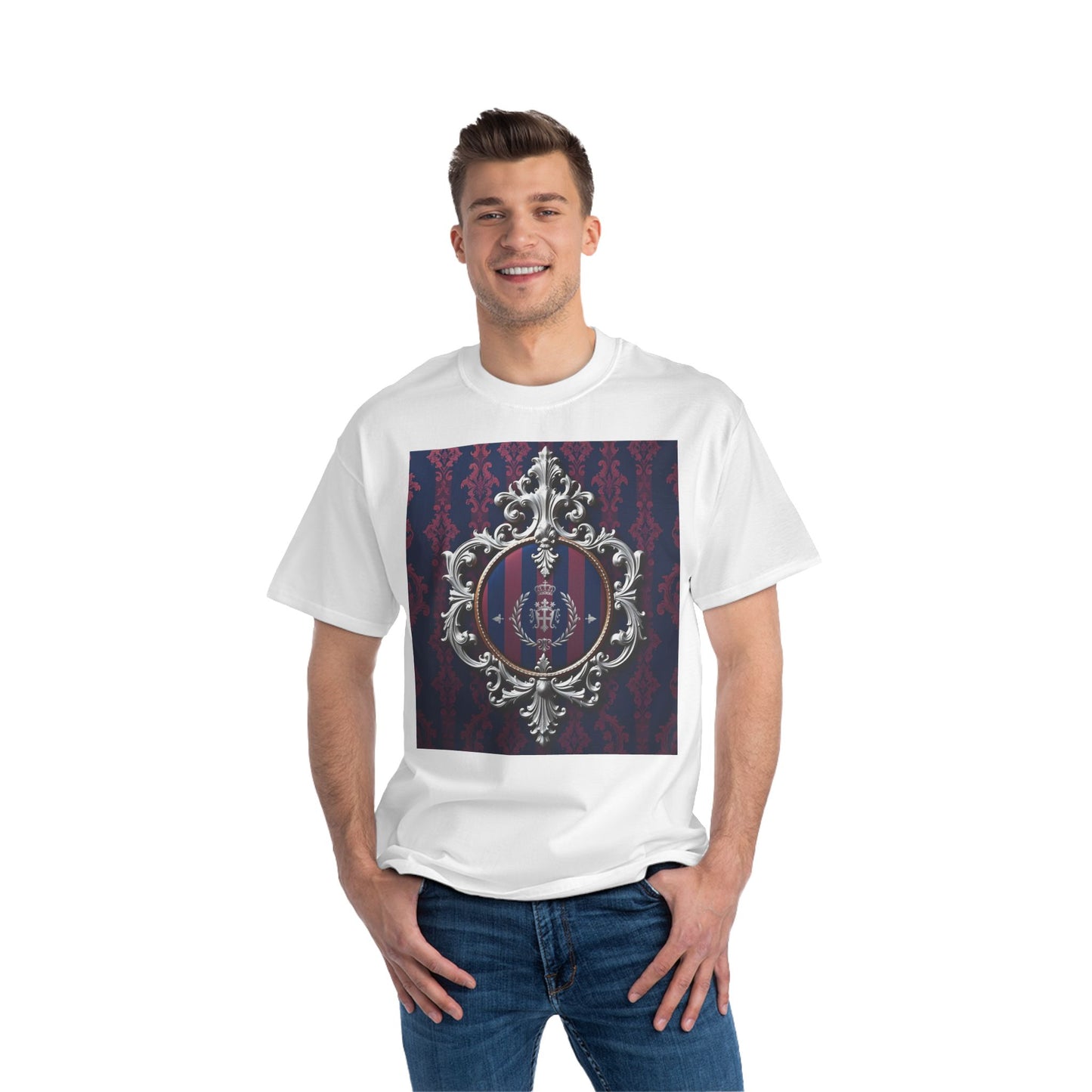 Elegant Unisex Graphic T-Shirt - Vintage Inspired, Casual Wear, Unique Gift, Art Tee, Fashion Statement - Blue & Plum Striped Silver Crest
