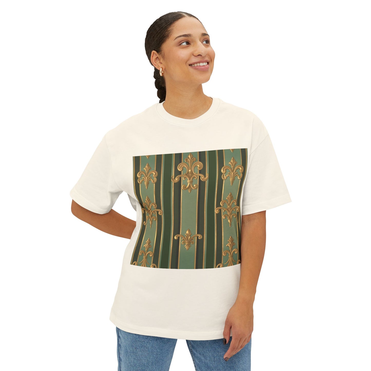 Elegant Vintage-Inspired Boxy Tee, Relaxed Fit Graphic T-Shirt, Floral Design Top, Perfect for Casual Outings - Green Striped Gold Baroque