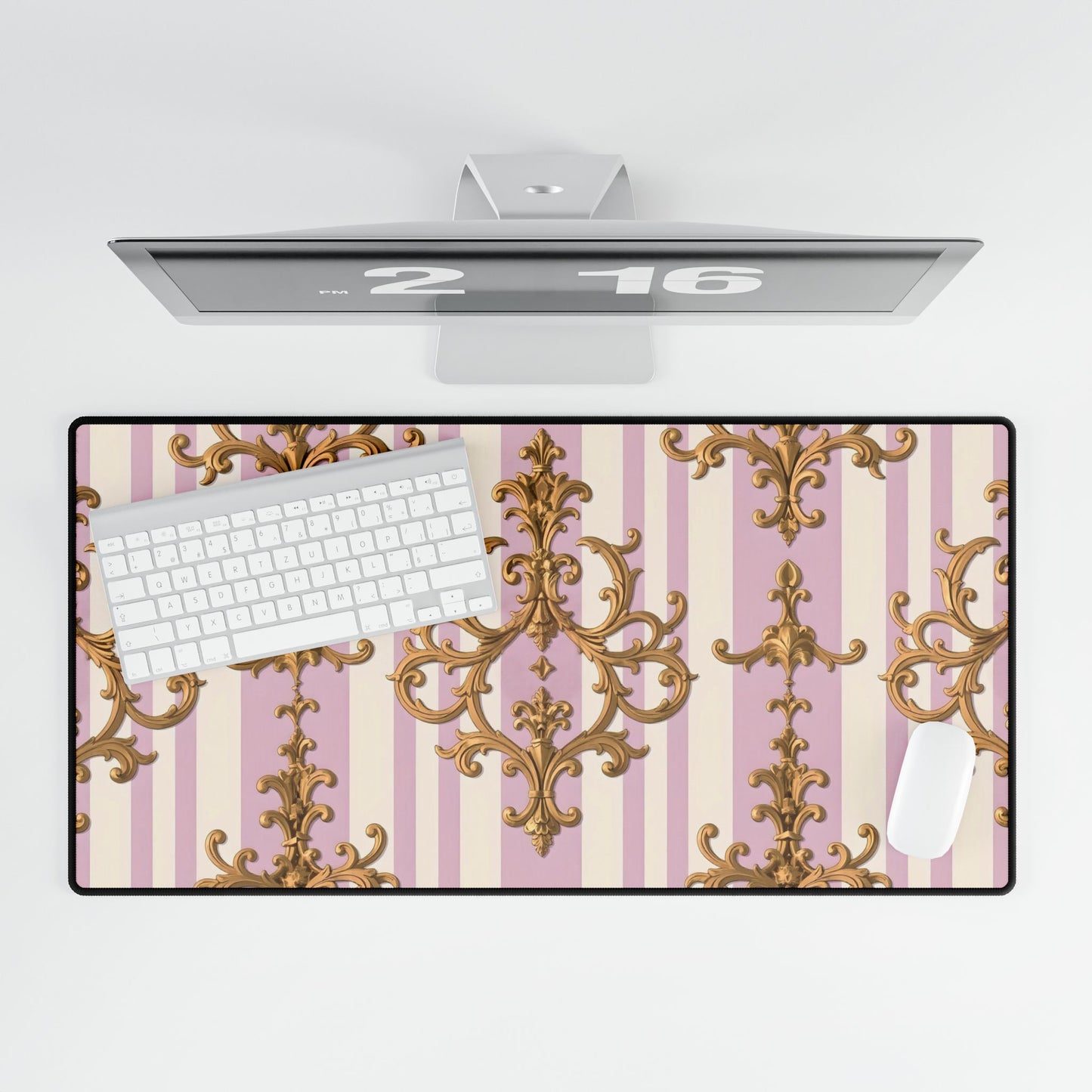 Elegant Decorative Desk Mats for Home Office, Stylish Workspace Accessories, Desk Protectors - Lilac & Alabaster Striped Gold Baroque