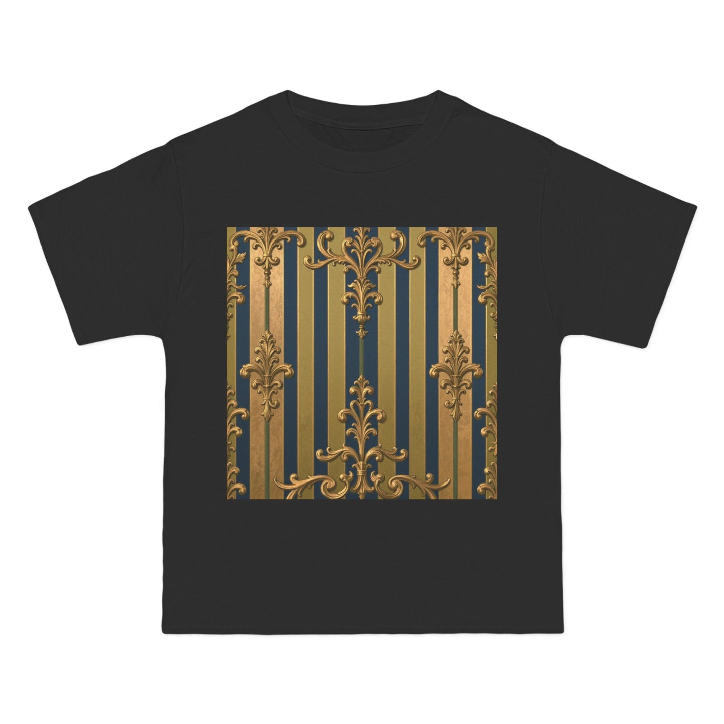 Elegant Midnight Blue & Olive Striped Gold Baroque Short-Sleeve Unisex T-Shirt, Vintage Fashion Tee, Casual Summer Top