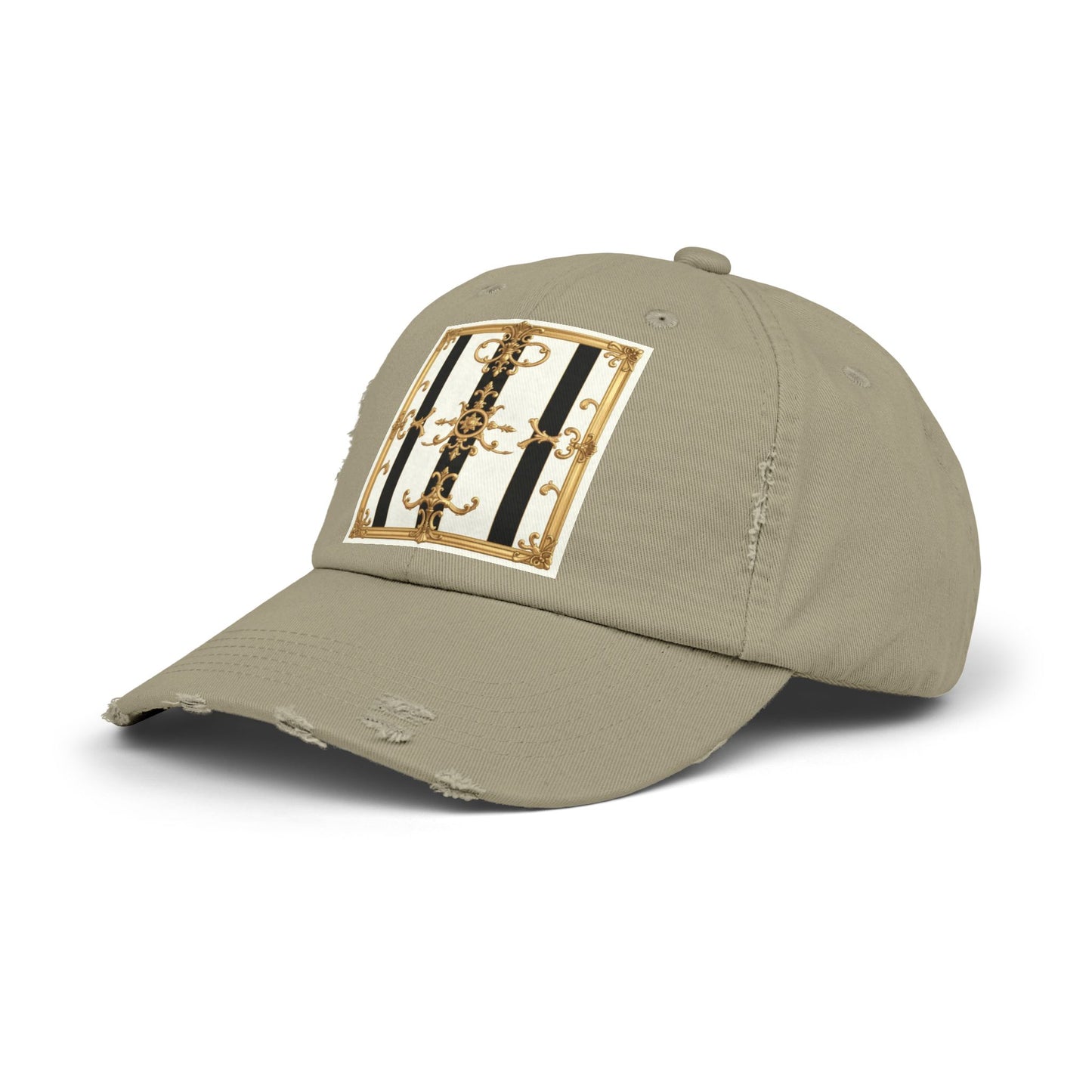 Stylish Distressed Cap with Unique Gold Design, Trendy Hat, Casual Wear, Gift for Him/Her - Black & White Striped Gold Baroque